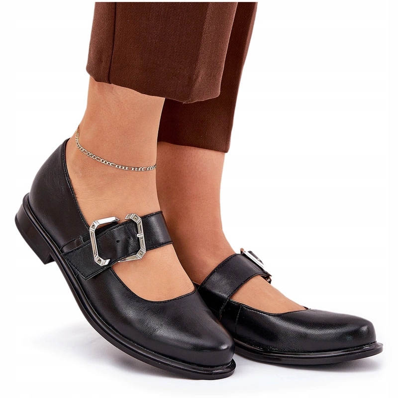 Dámské Polobotky Kožené Spona Plochý Podpatek Laura Messi 2980 Černá 40