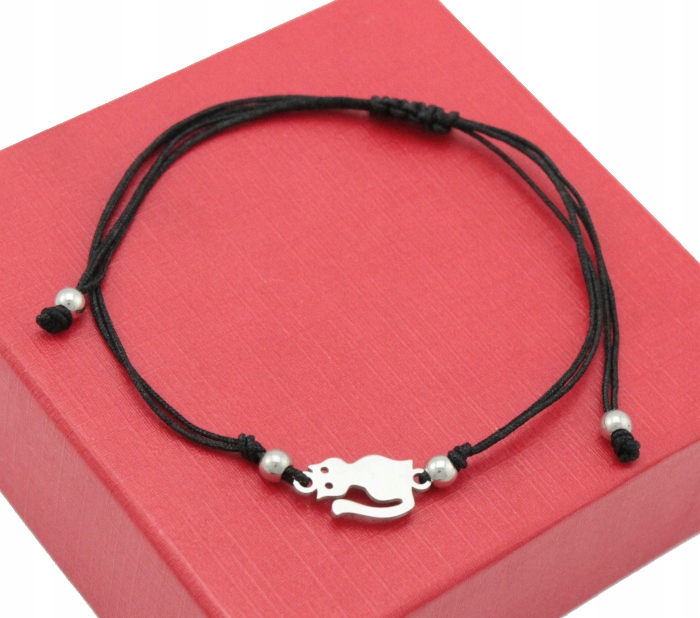 

Bransoletka Czarna Srebrny Kotek Stal 316 L