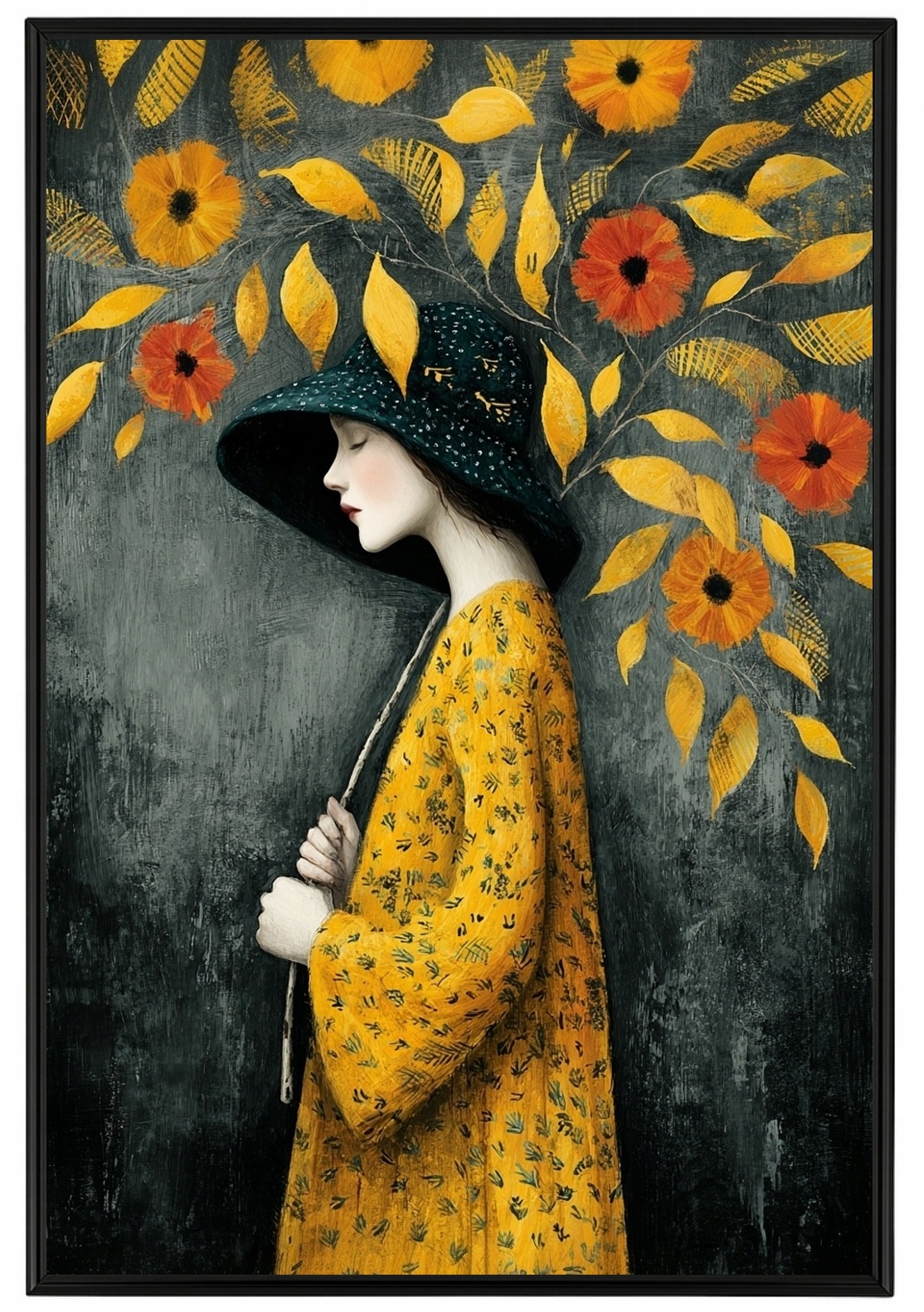 Rámeček S Hliníkovým Rámem, Grafika, Plakát Žena, Podzimní Květiny, Listy, 40x60