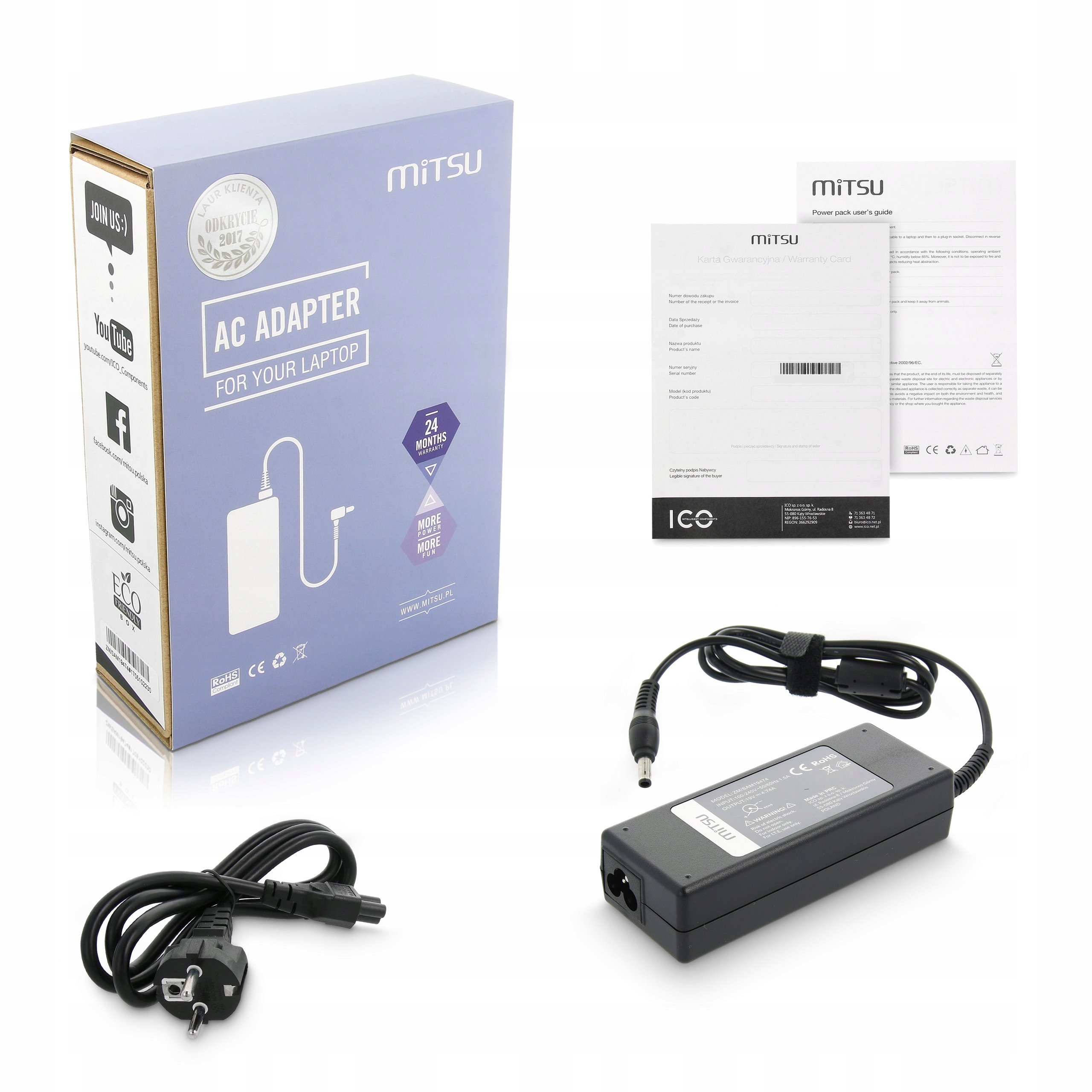 Napájecí adaptér Mitsu 19v 4.74a (5.5x3.0 pin) 90W pro Samsung