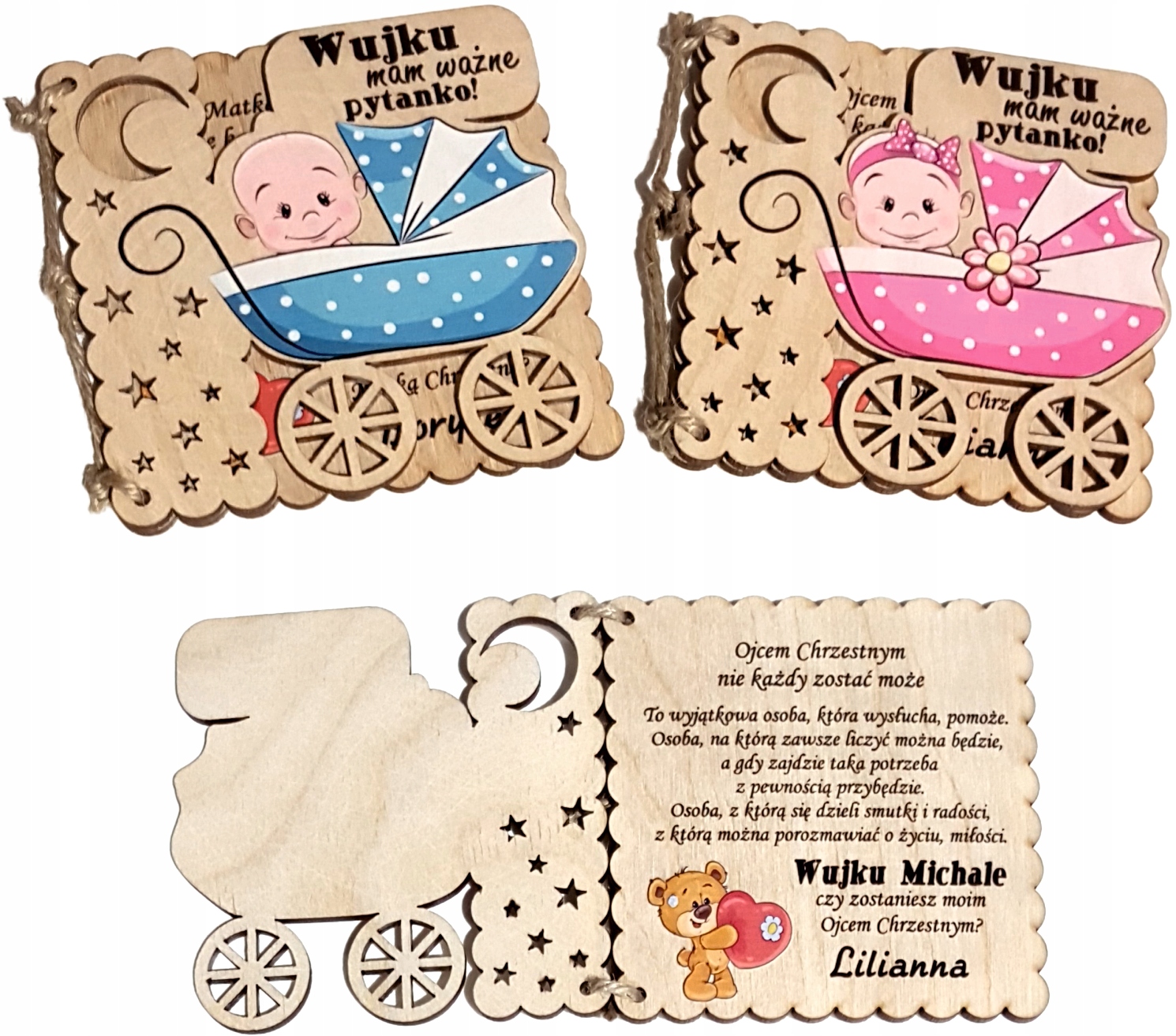 Drewniane zaproszenie na Chrzest Chrzciny Wysokość produktu 10 cm