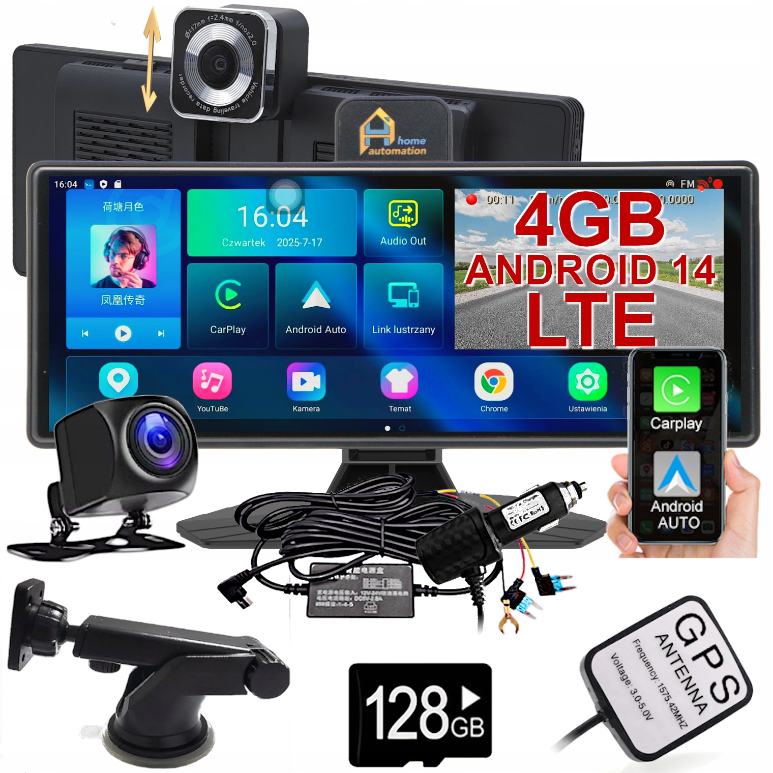 Záznamník jazdy Carplay Stanica Obrazovka Monitor Kamera Navigácia Gps Android