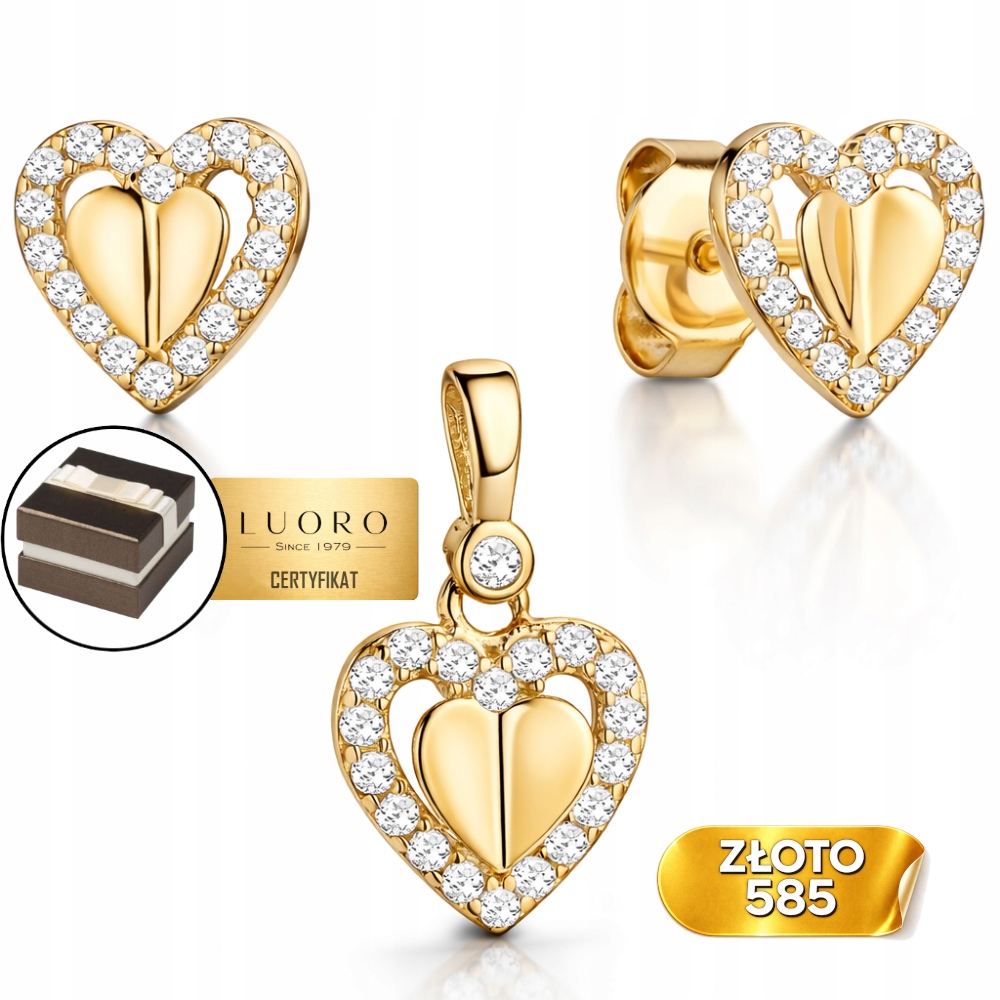 Zlatý Komplet 585 14K Náušnice Přívěsek Srdce 3D Zirkon 18 MM Elegantní