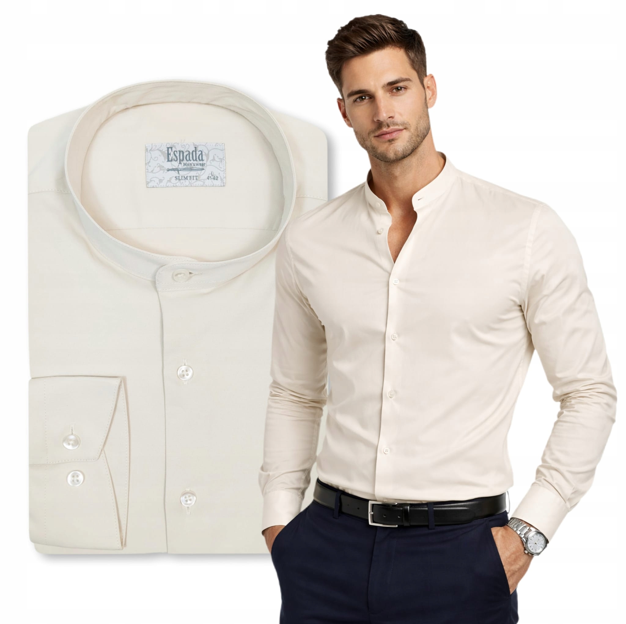 Pánská košile se stojáčkem Světle béžová Bavlněná Návštěvnická Elegantní Slim vel. L