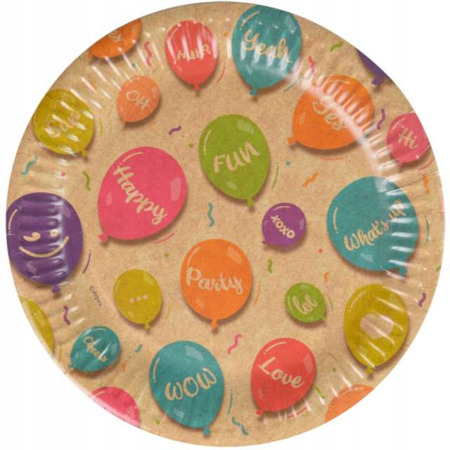 TALERZYKI papierowe BALONIKI słowa URODZINY 12 szt