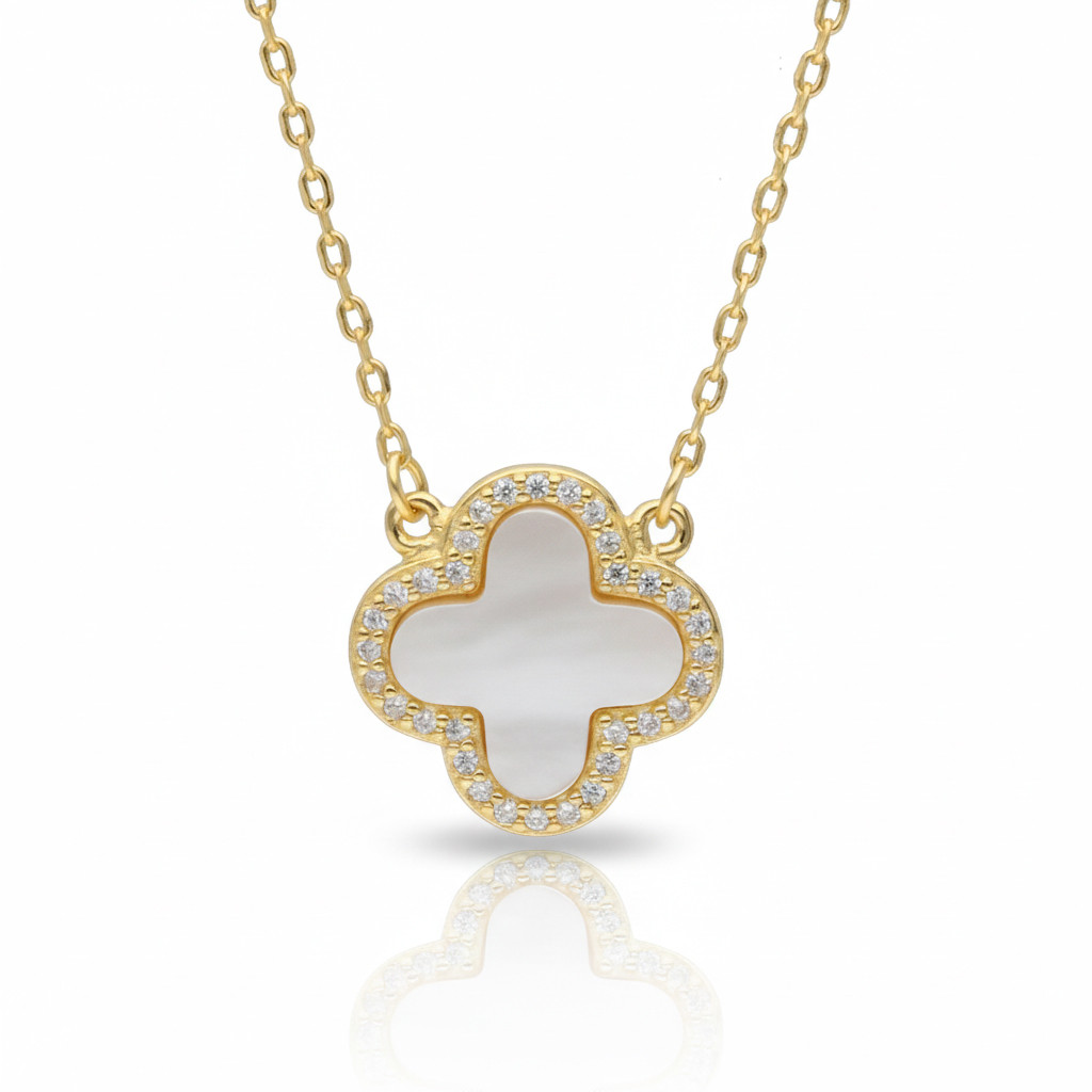 Naszyjnik pozłacany koniczynka z masą perłową i cyrkoniami srebro 925