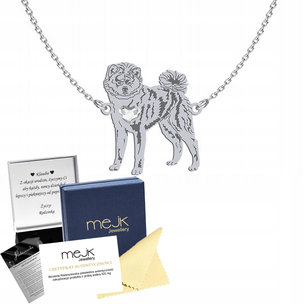 Stříbrný náhrdelník Akita japonská 925 Dárek Řetízek Gravírování Bonus