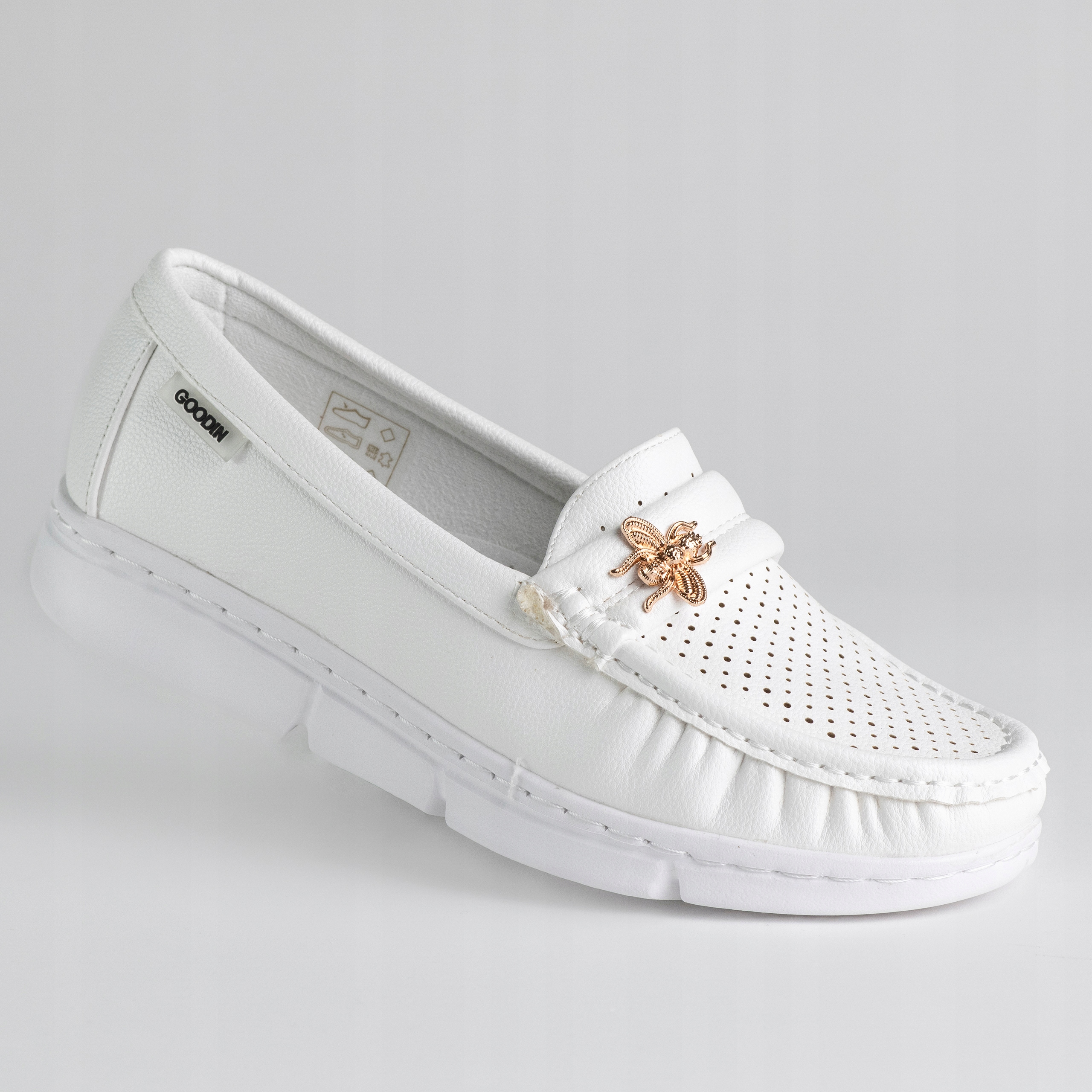 Dámské kožené mokasíny Goodin GD-FL6081 bílé, lehké, klasické, ažurové, 40
