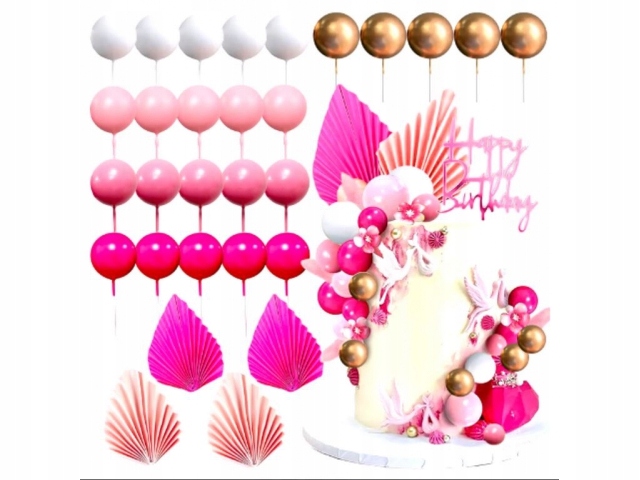 Złote Różowe Białe MIX Liście Palmy Kule Kulki Dekoracja Na Tort 29 szt