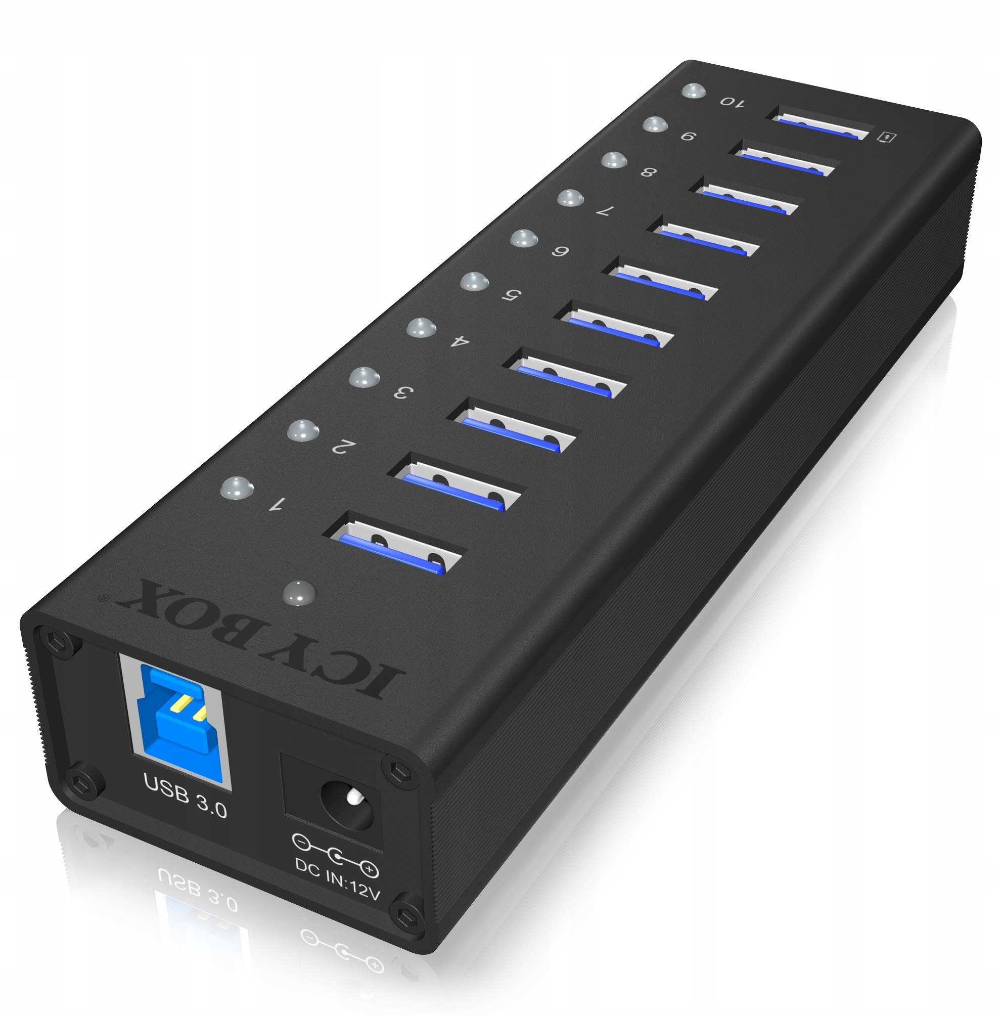ICY BOX Hub USB 3.0 10 Portów Zasilacz 12V 4A Aluminiowy Czarny — miniatura 2