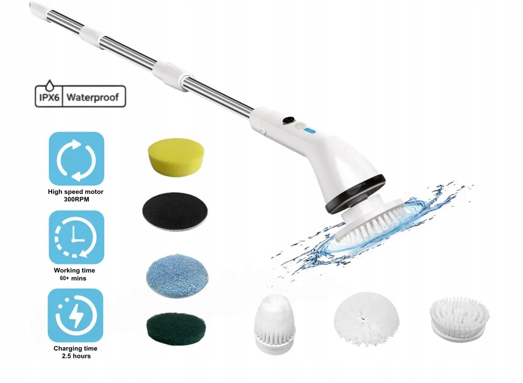 Levně Elektrický rotační čisticí kartáč Maxxo PS01 7v1, teleskopická tyč, Usb-c