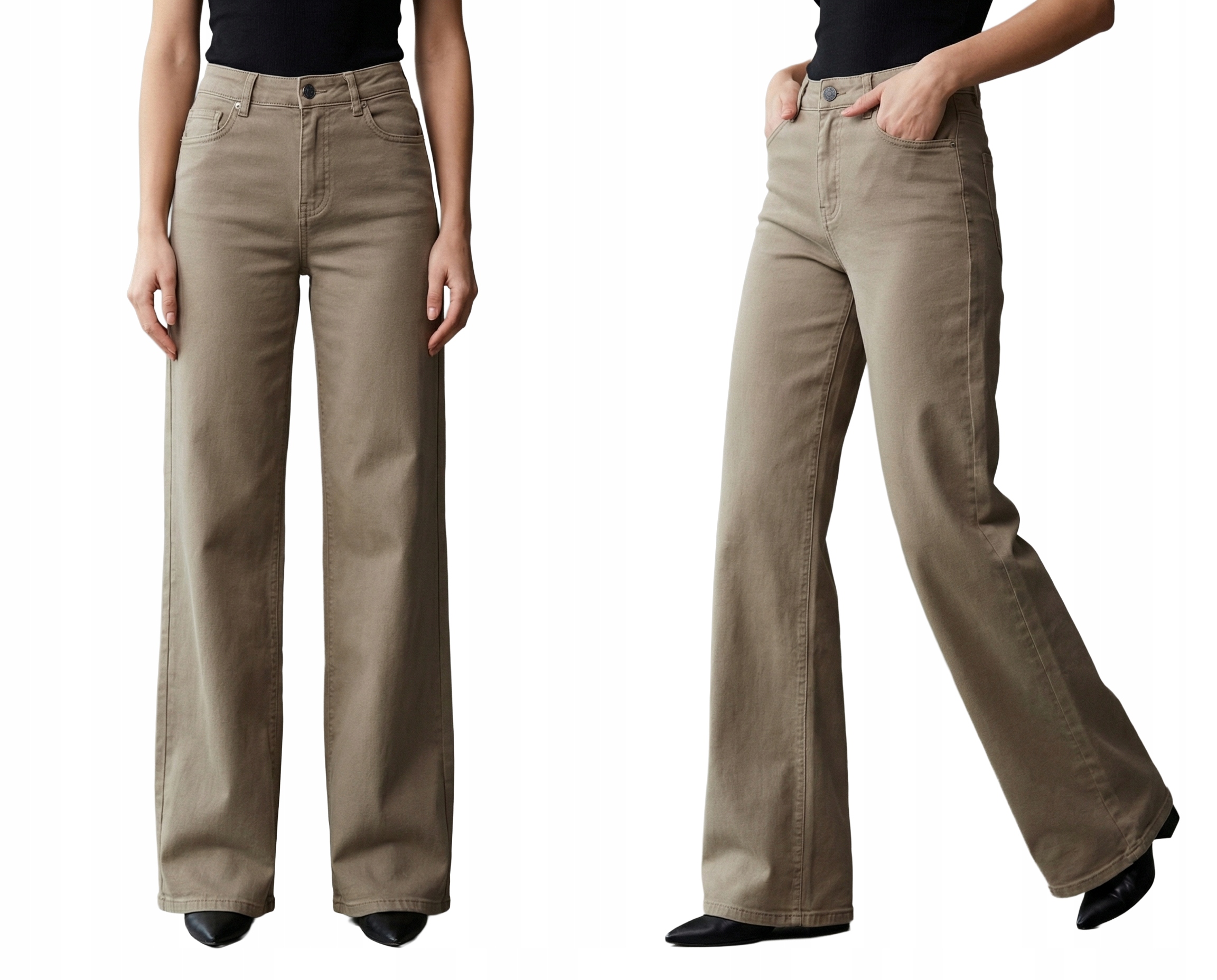 Spodnie Jeansy Damskie Wide Leg Szerokie Dzwony Elastyczne Beżowe XL