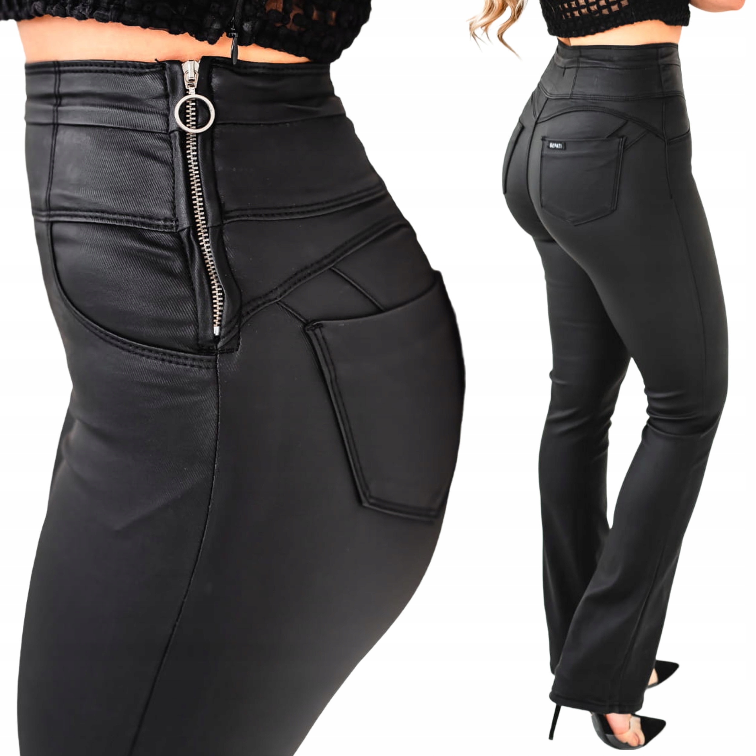 Dámské zvonové kalhoty vysokého střihu Push Up voskované černé flare L