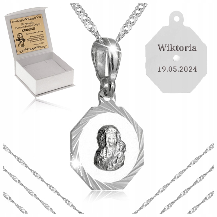 SREBRNY ŁAŃCUSZEK + MEDALIK MATKA BOSKA 925 PREZENT KOMUNIA CHRZEST GRAWER
