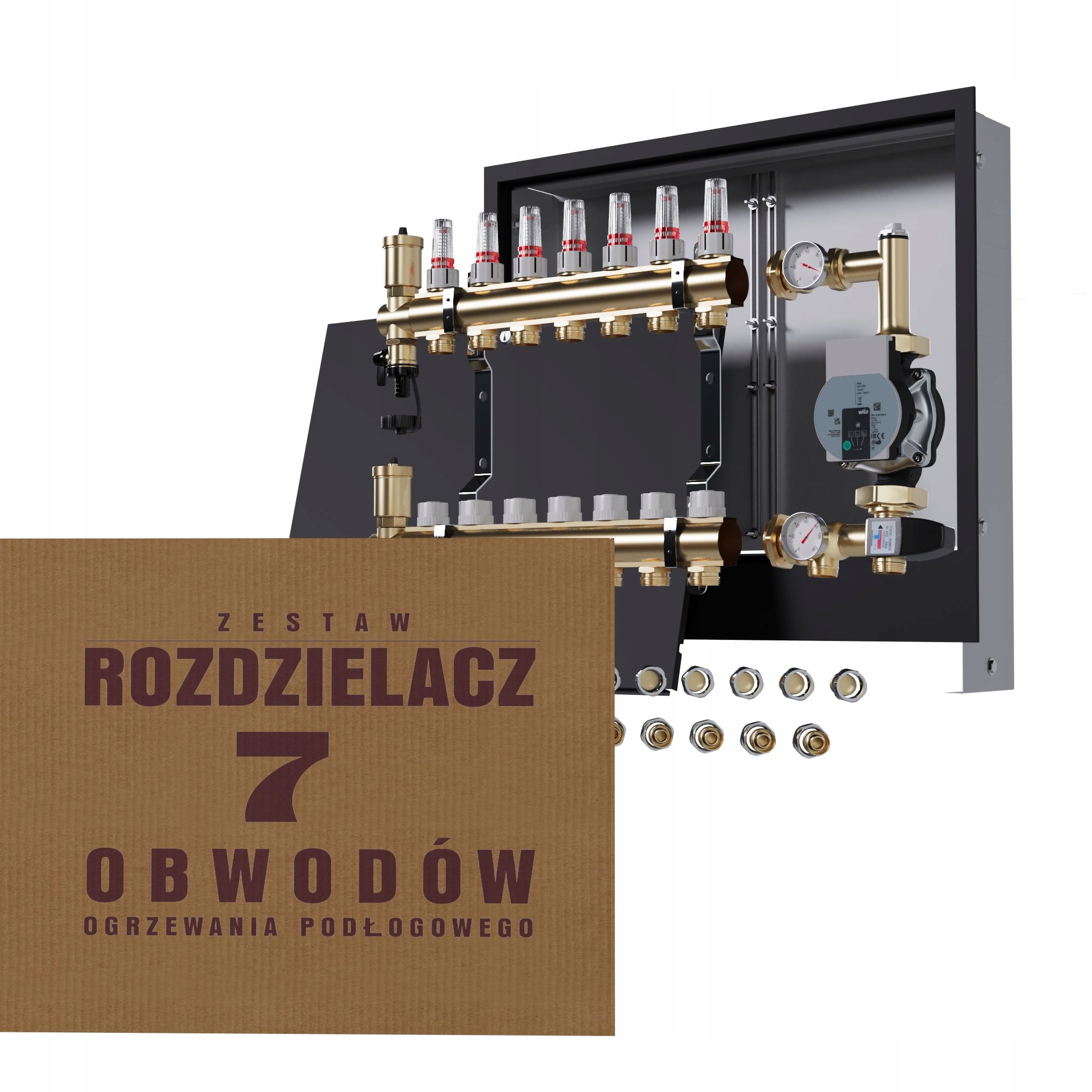 Rozdeľovač na podlahu 7 okruhov s čerpadlom Wilo podomietková čierna Pex