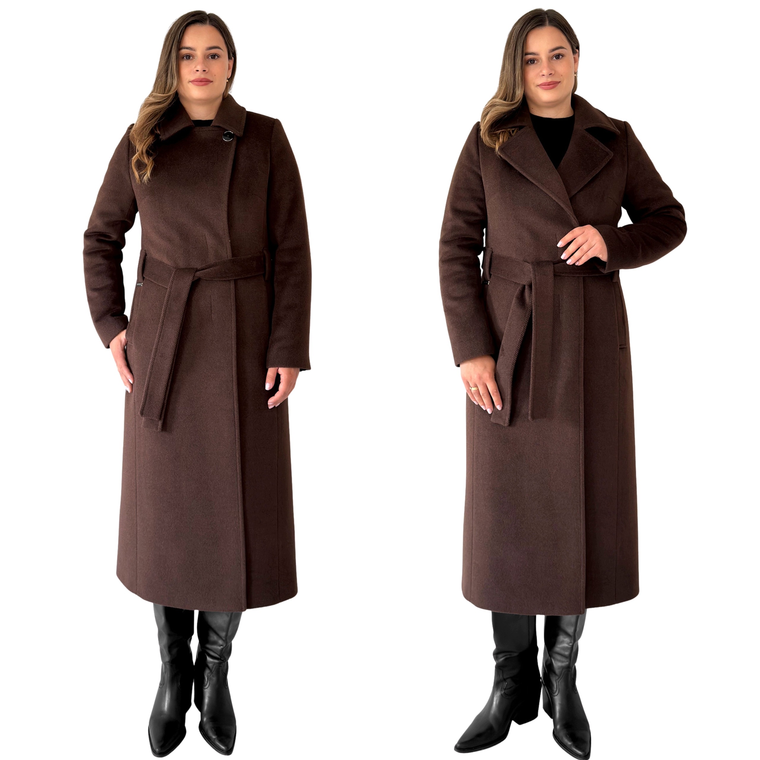 Elegantní zateplený dámský kabát za koleno s páskem Diana čokoládový