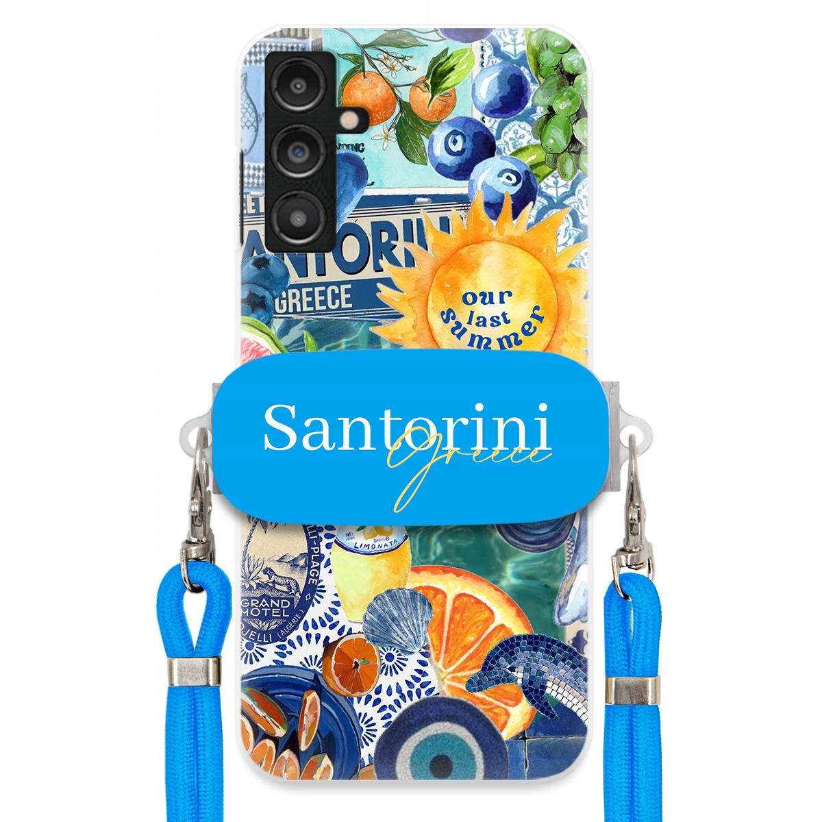 Pouzdro pro Samsung A14 5G Modré Crossbody vodítko držák Santorini Greece