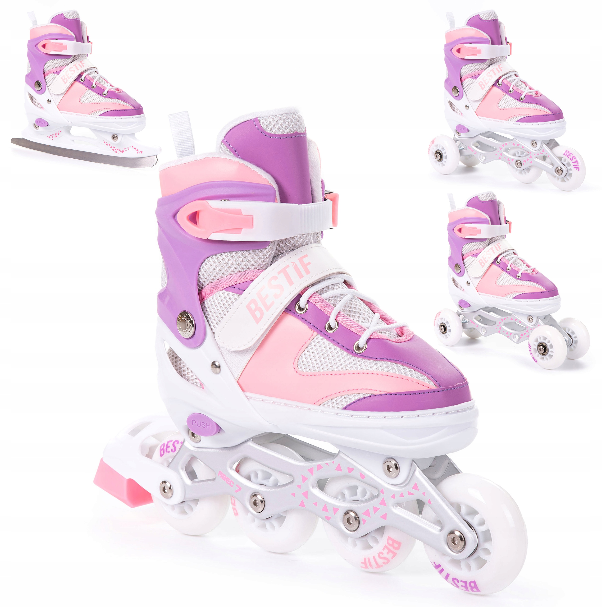 ŁYŻWOROLKI REGULOWANE 4w1 ROLKI WROTKI ŁYŻWY Z WYMIENNĄ PŁOZĄ BESTIF 34-37