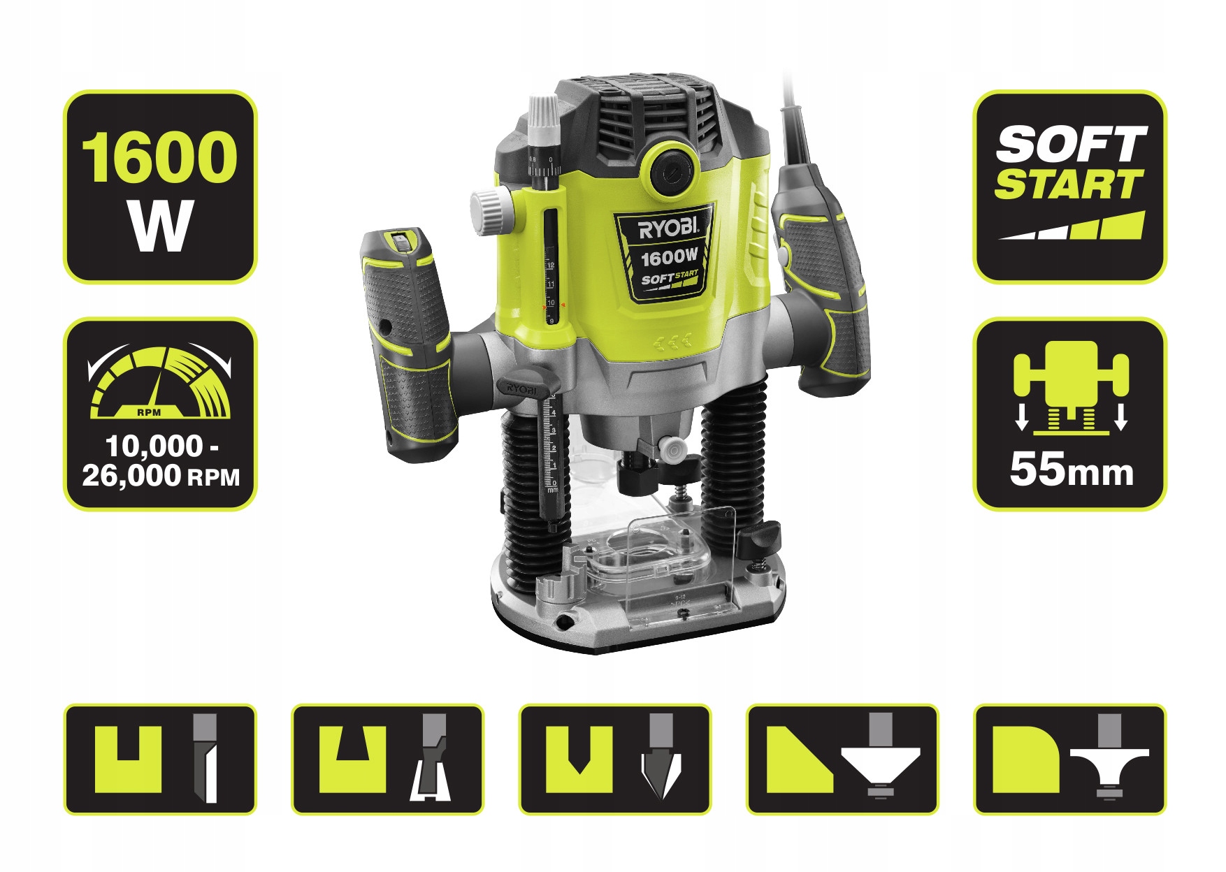 RYOBI ELEKTRYCZNA FREZARKA GÓRNOWRZECIONOWA RRT1600-K + KOMPLET 12 FREZÓW Rodzaj frezarki górnowrzecionowa