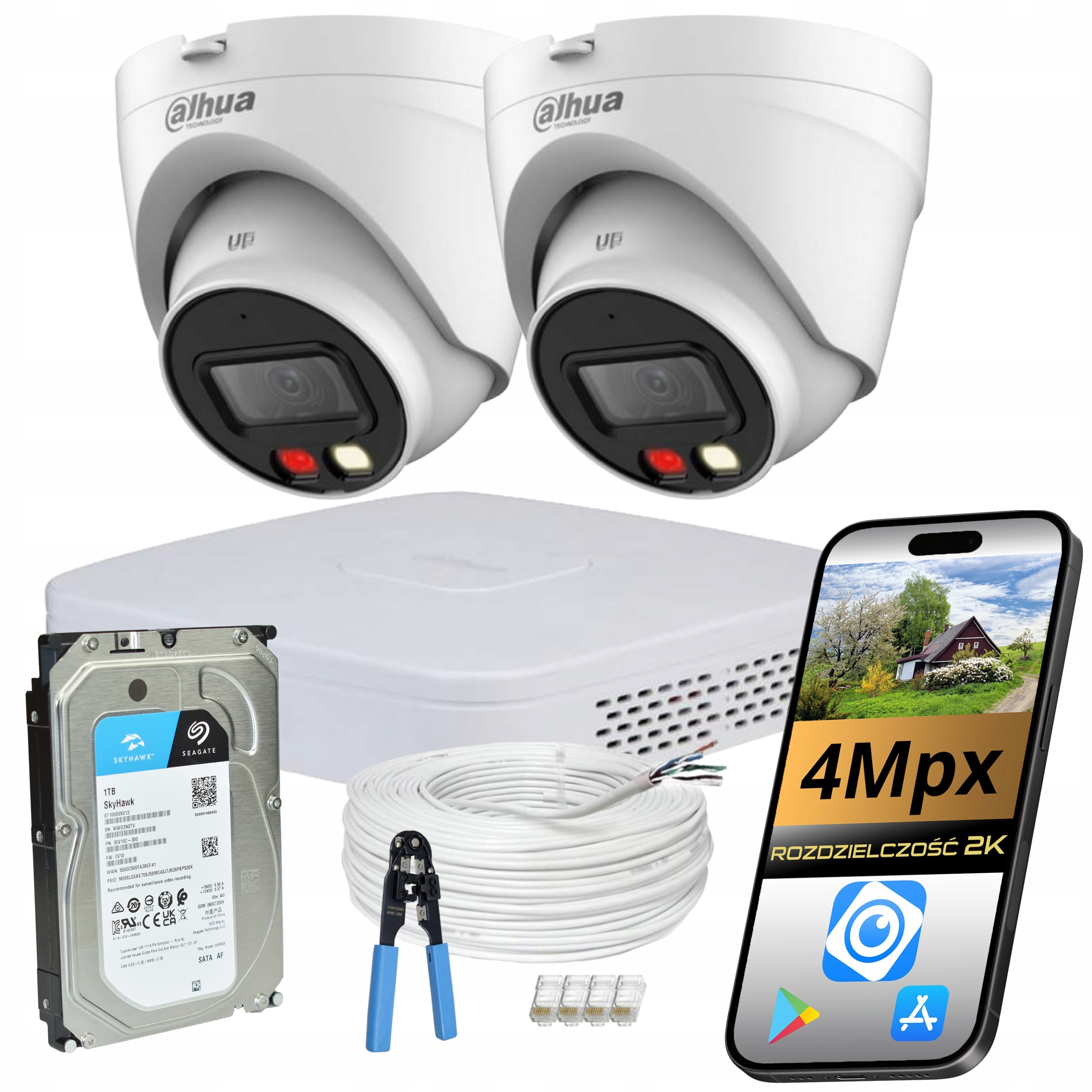 Dahua monitorovací sada 2 kamer Ip PoE 4Mpx Full Color disk 1TB IP67