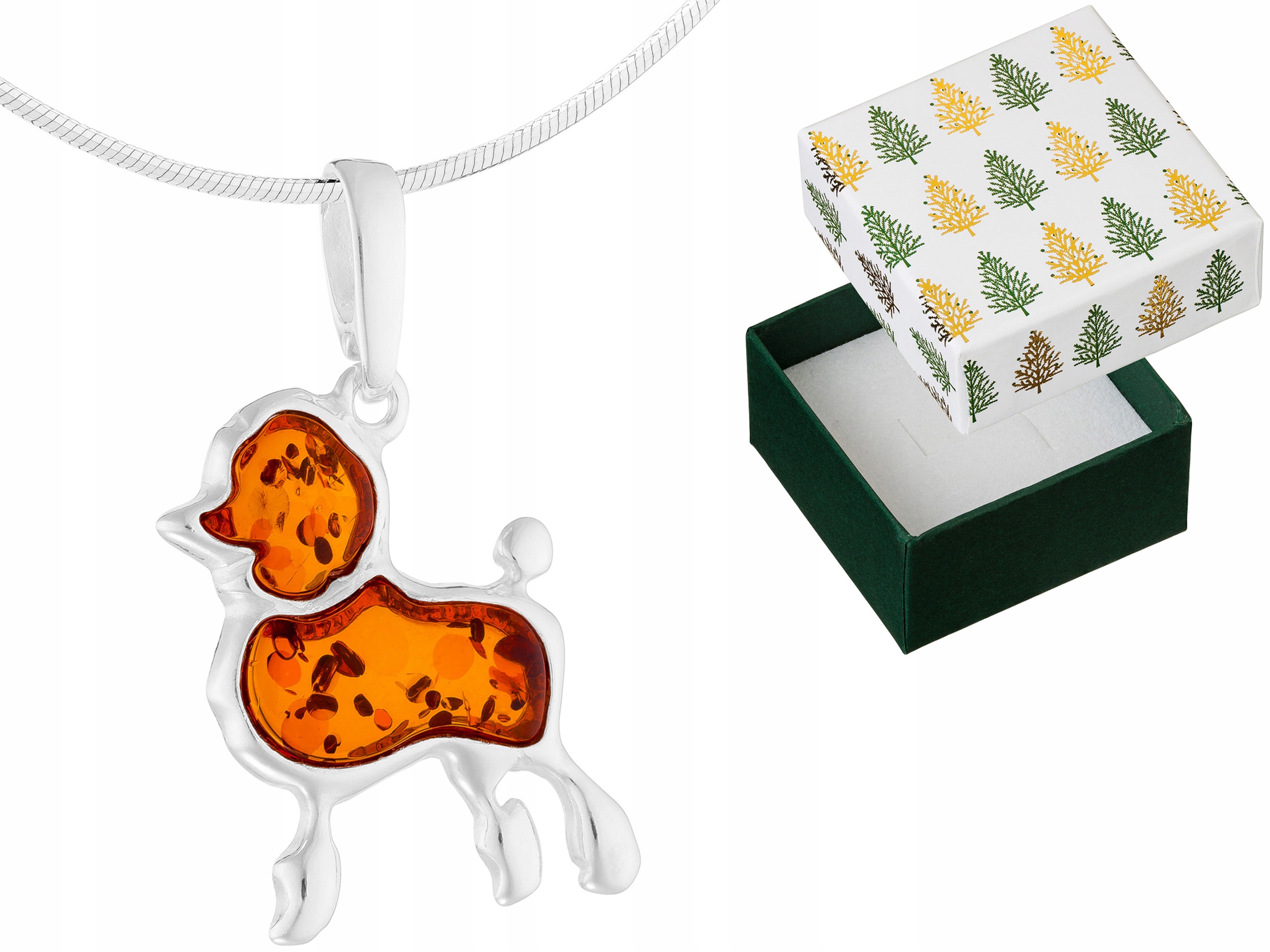 Stříbrný náhrdelník Pudel Přívěsek s jantarem Přívěsek Pes Řetízek 45 cm