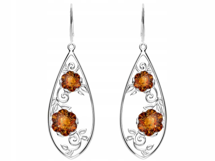 Stříbrné Náušnice Závěsné slzy s jantarem Květiny Anglické zapínání 925