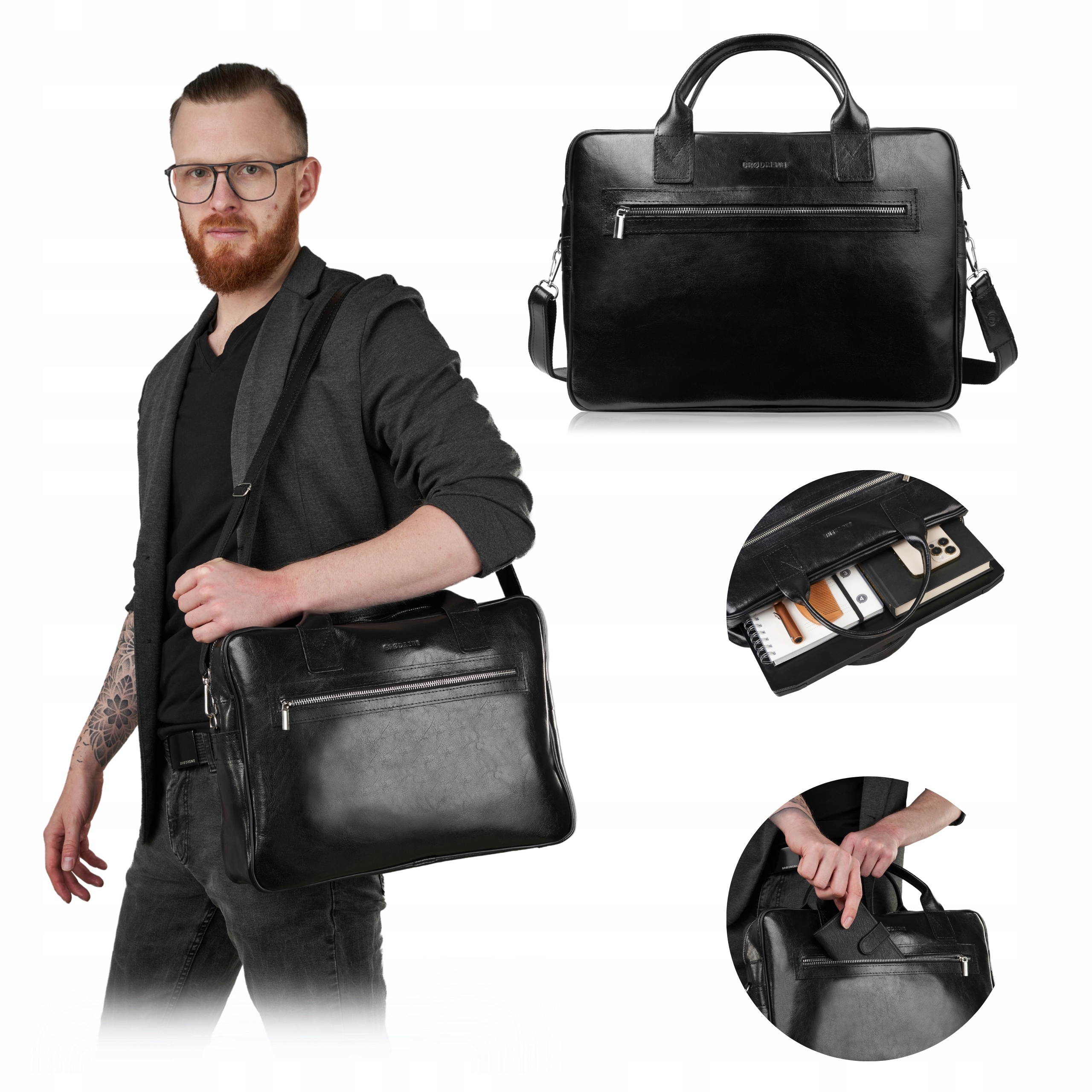 Kožená pánská taška Černá Brodrene na notebook do ruky Aktovka na zip