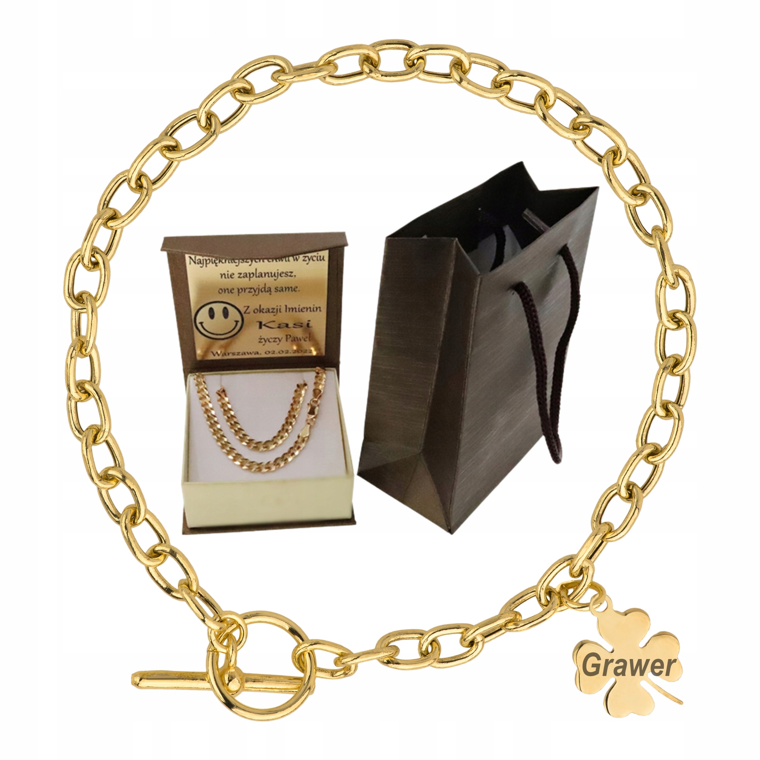 Dámský zlatý italský náramek Ankier Čtyřlístek 585/925 s kompletní Gravírování