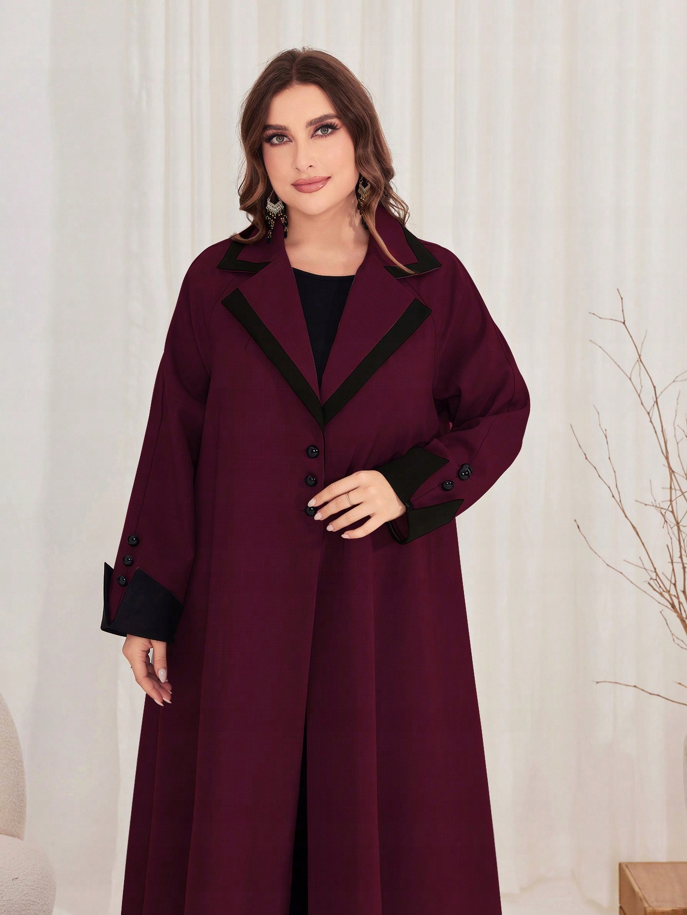Trenčkot Elegantní Dlouhý Volný Tenký Vínový Shein XXL 44
