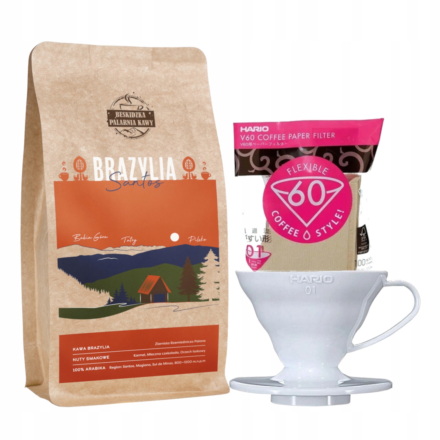 Levně Káva Brazílie Santos 250 g Drip Bílý V60-01 Filtry Hnědé 100 ks