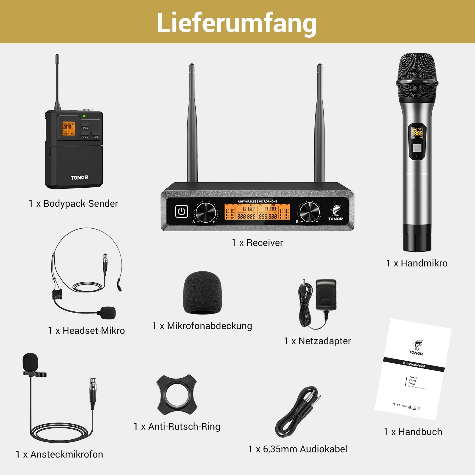 TONOR Bezprzewodowy System Mikrofonowy UHF Z Mikrofonem Ręcznym i Nagłownym — miniatura 9