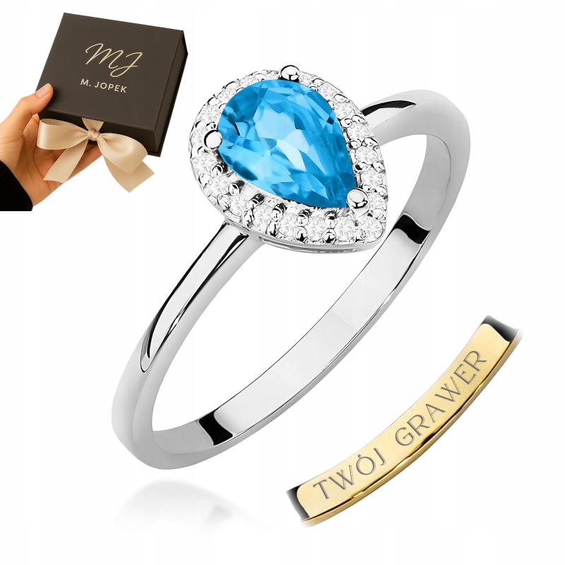 Prstýnek Z Bílého Zlata 585 Topaz 0,90 ct s Diamanty Gravírování