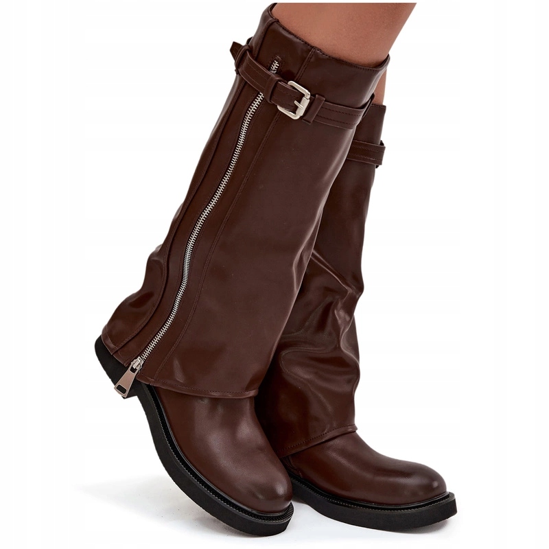 Dámské Kozačky S Ohrnutým Svrškem Svršek Zateplená Spona Hnědá 38