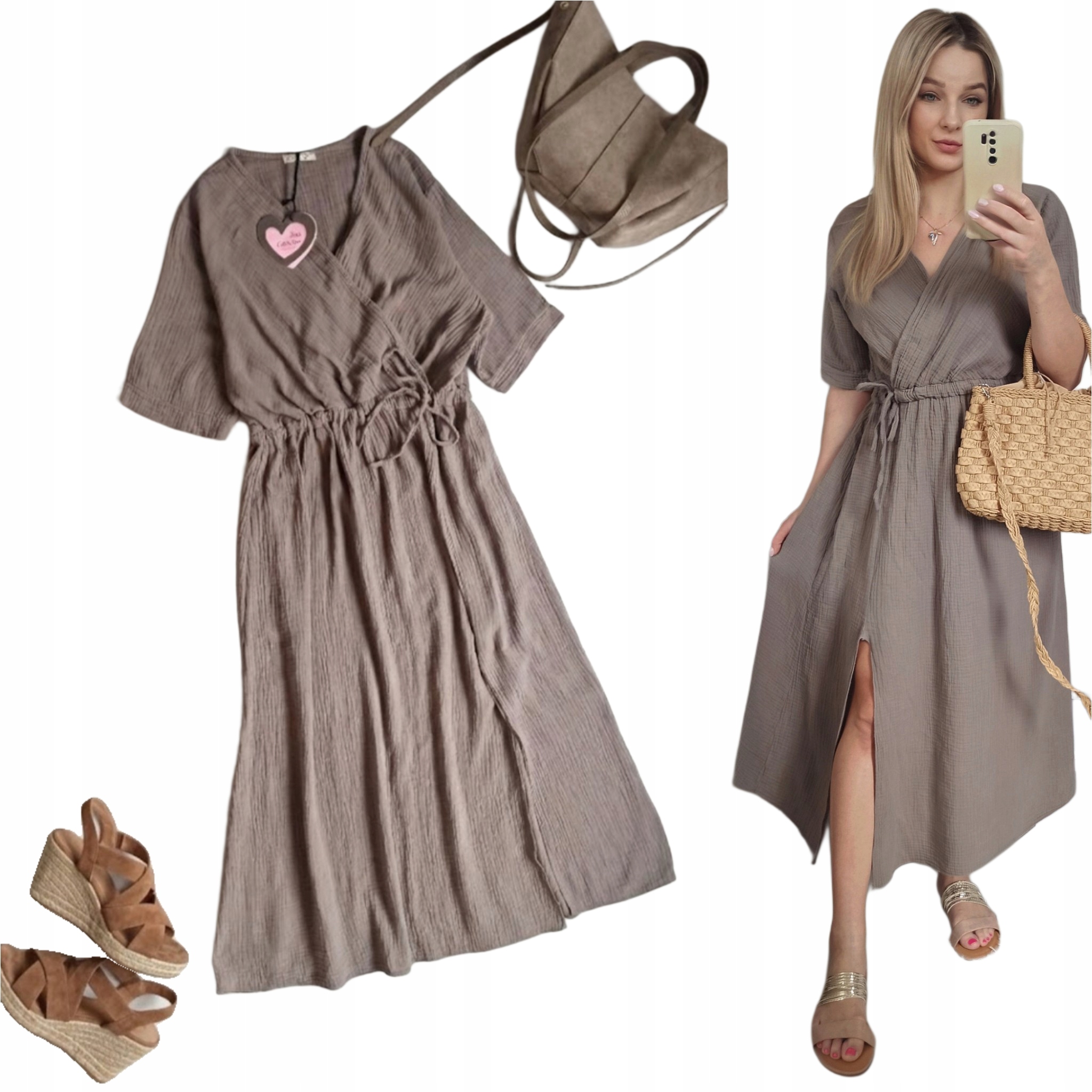 Sukienka muślinowa długa bawełna brązowa wiązanie rozcięcie