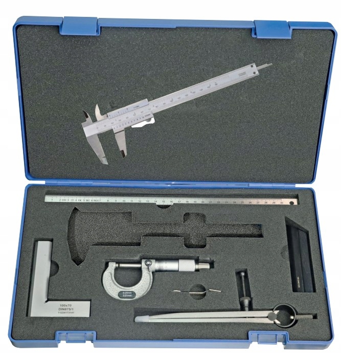 Sada Měřicích Nástrojů 6 Ks Mikrometr 0-25 Úhelník Posuvné Měřítko