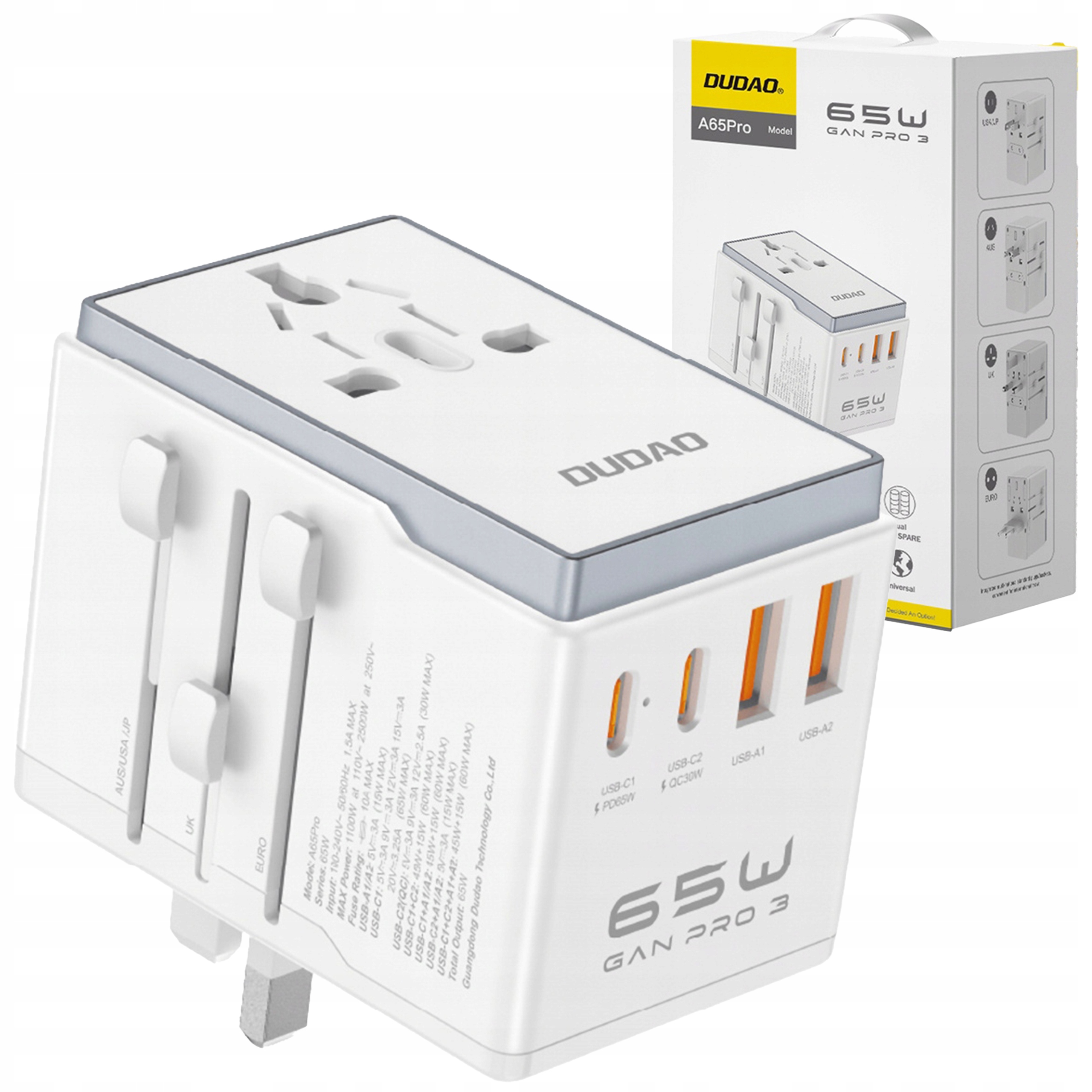 Cestovní Adaptér Univerzální Zástrčka Napájecí Adaptér 65W Eu/uk/us/jp/aus 2x Usb-c