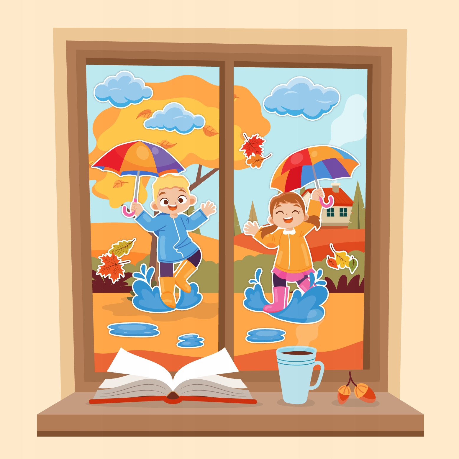 DEKORACJA JESIENNA OKIENNA DWUSTRONNA - DUŻE DZIECI Z PARASOLAMI - LearnHow Marka LearnHow