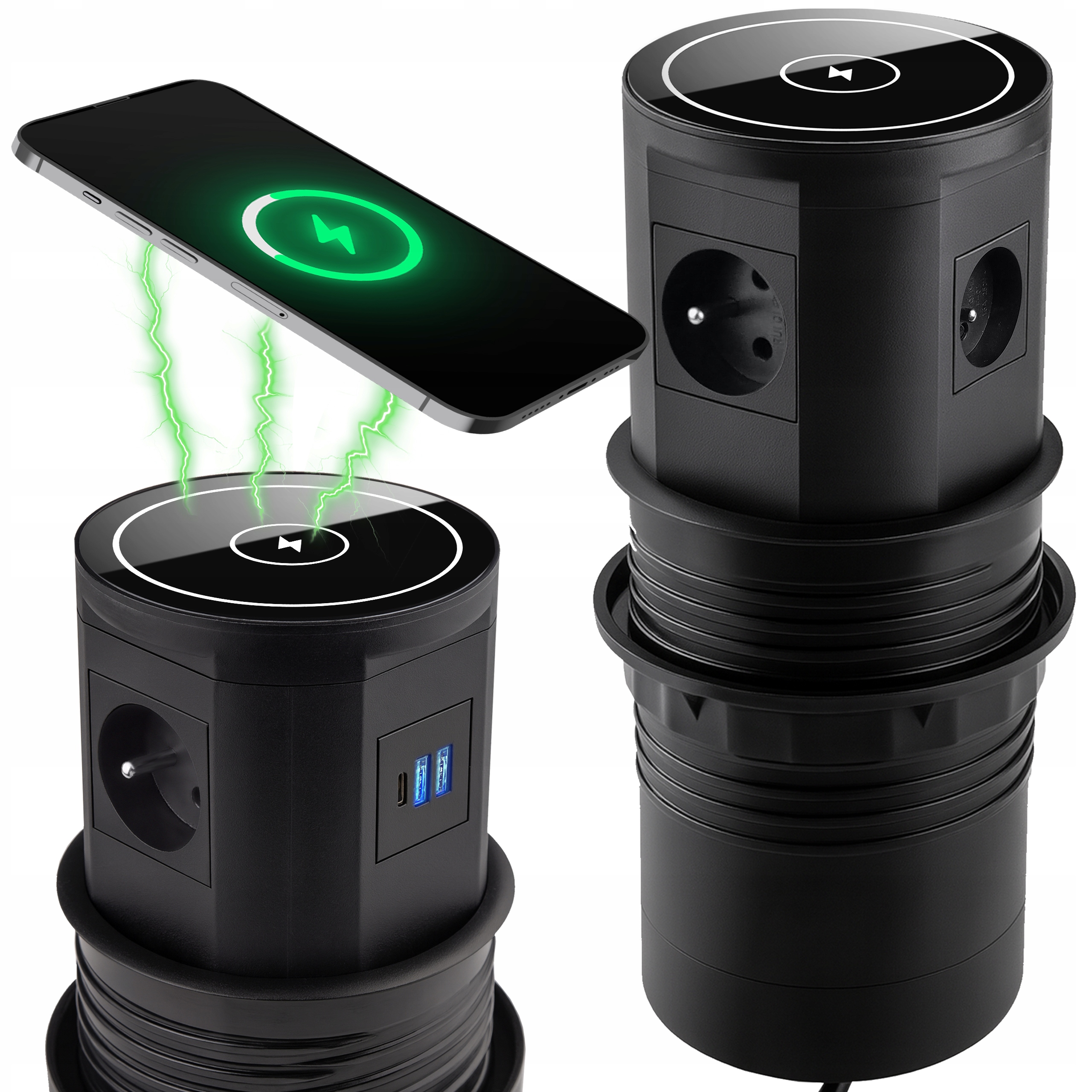 Gniazdo Nablatowe Chowane Wpuszczane Wysuwane W Blat Okrągłe 2x Usb Usb C