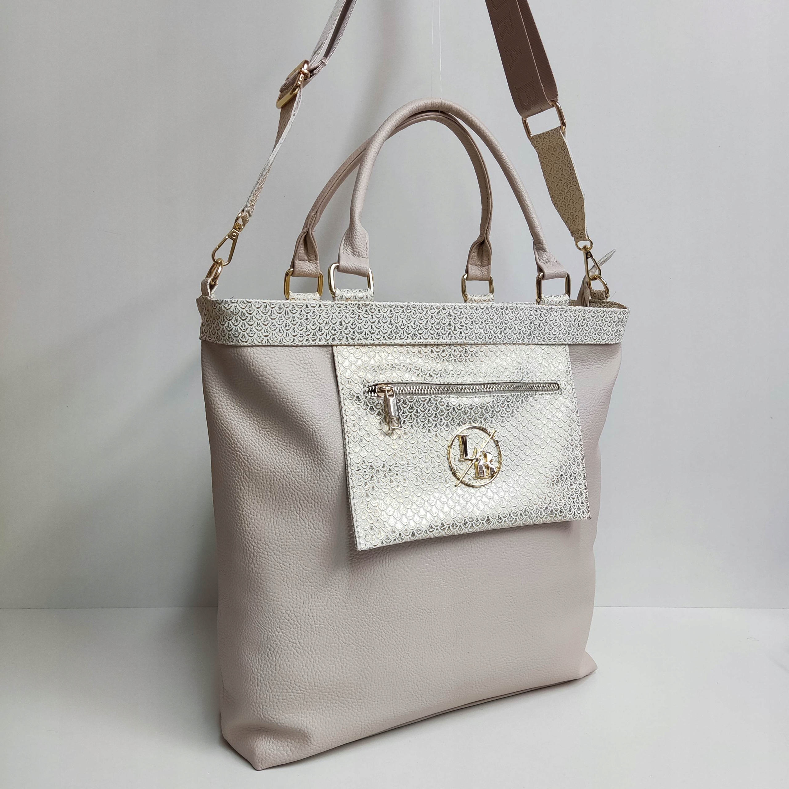 Torebka Shopper Laura Biaggi beżowa listonoszka Cechy dodatkowe kieszonka na telefon