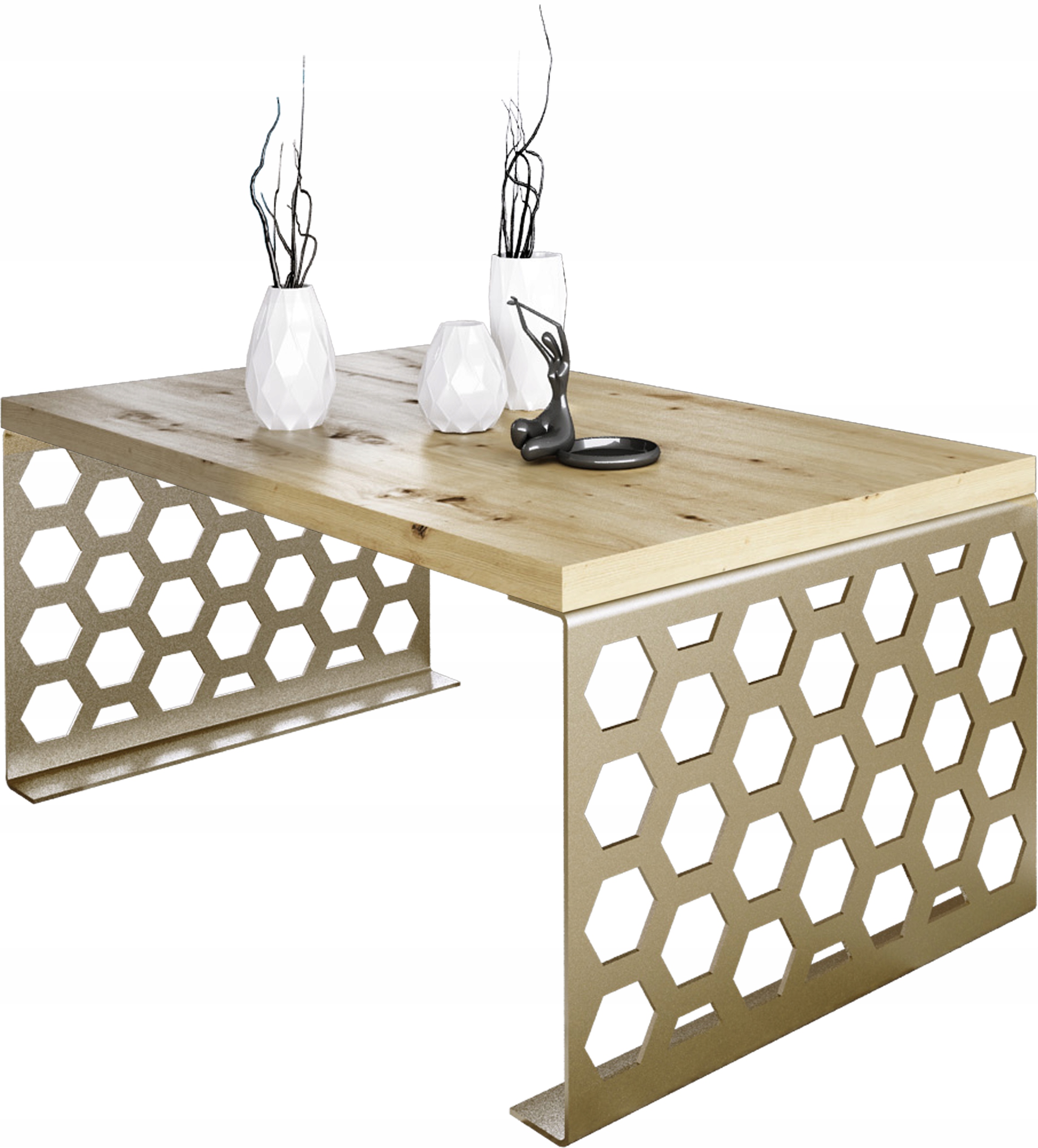Stolik kawowy Plaster Miodu Nowoczesna Ława Loft Metal Złoty+Dąb Artisan