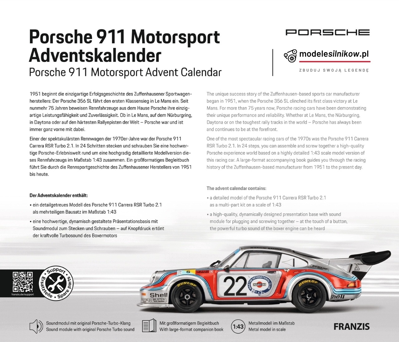 Адвент-календарь Franzis Porsche 911 RSR Turbo 2.1 Martini Racing, модель для сборки со звуком, от 14 лет — фото 3