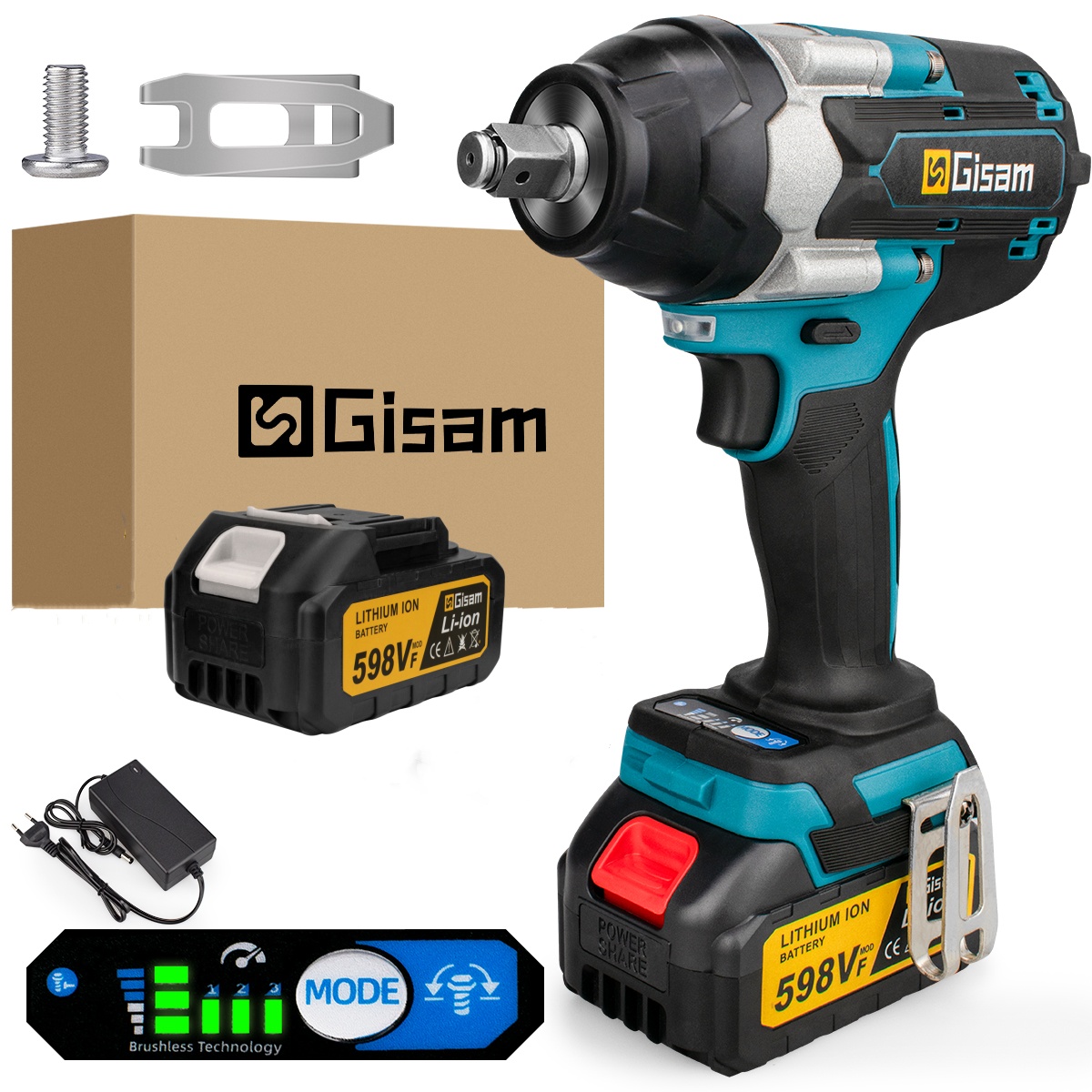 Rázový utahovák 1/2" 1800 Nm 20V bezkartáčový pro výměnu pneumatik, 1x 3,0Ah baterie