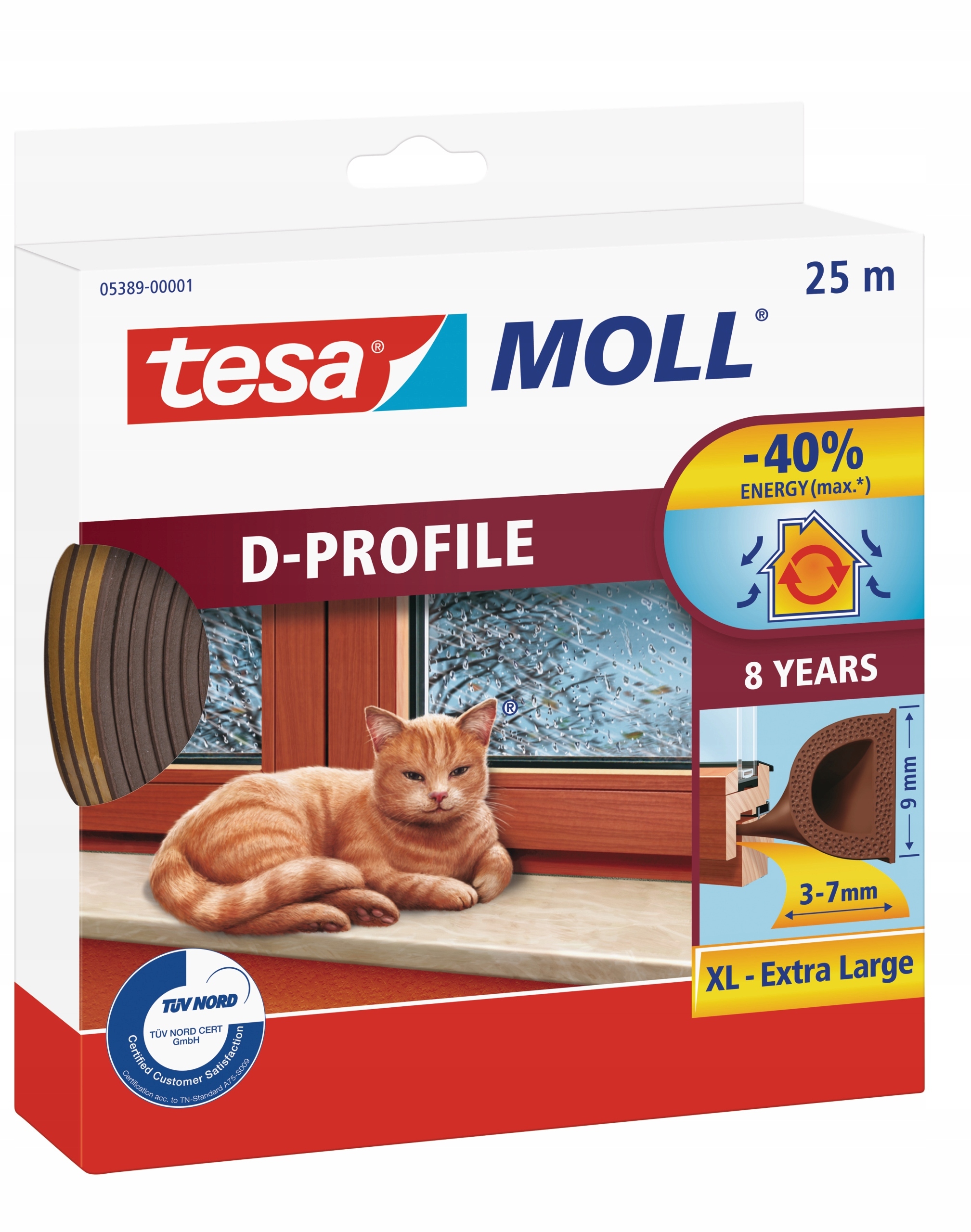 Tesa samolepicí gumové okenní těsnění dveří, hnědé, D 9 mm x 25 m