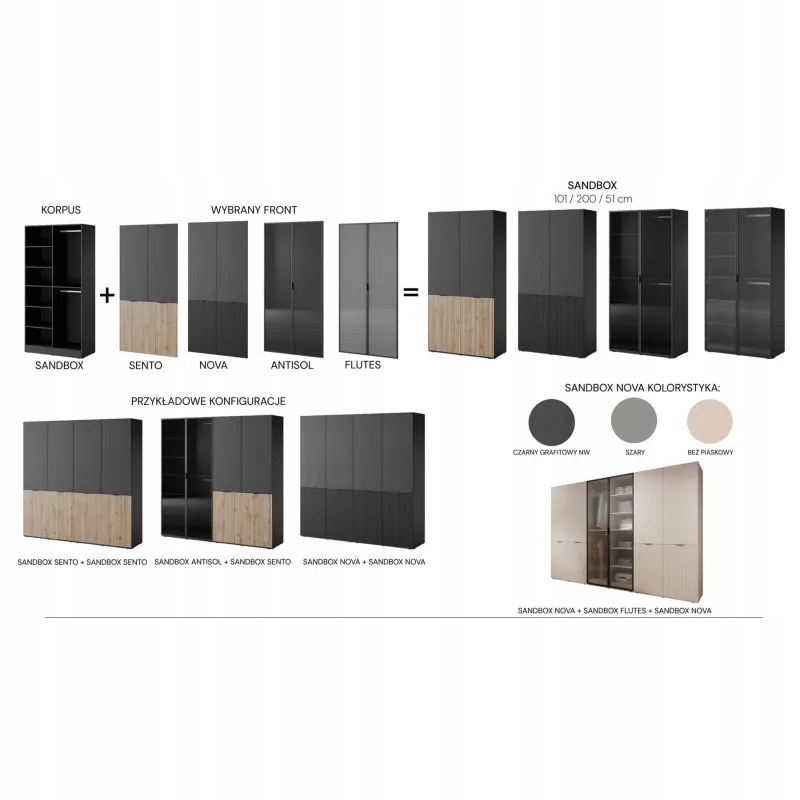 Szafa Modułowa dwudrzwiowa NOVA 100 cm Czarna Z Półkami Ryfel Lamele Wysokość mebla 200 cm