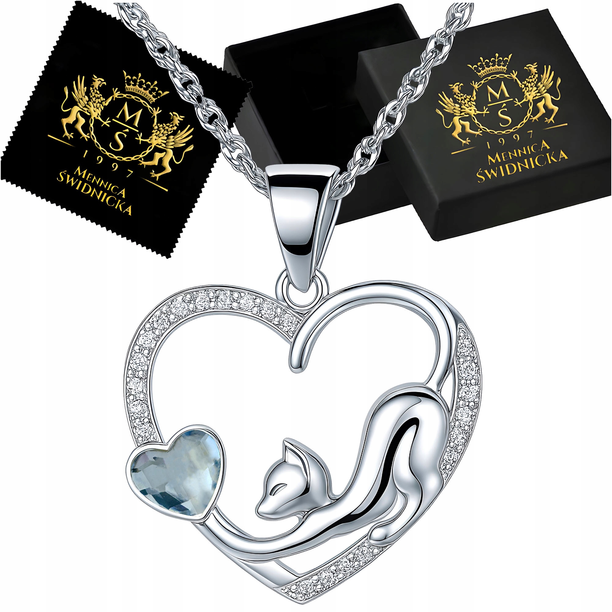 Náhrdelník ze stříbra 925 Kočka v srdci s zirkony Ideální Dárek pro ženy