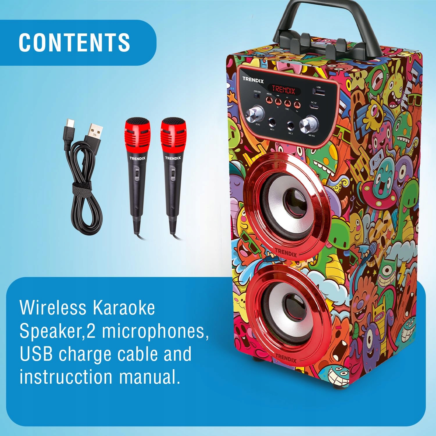TRENDIX Karaoke Dla Dzieci Z Mikrofonami Bluetooth USB Radio FM SD — miniatura 3