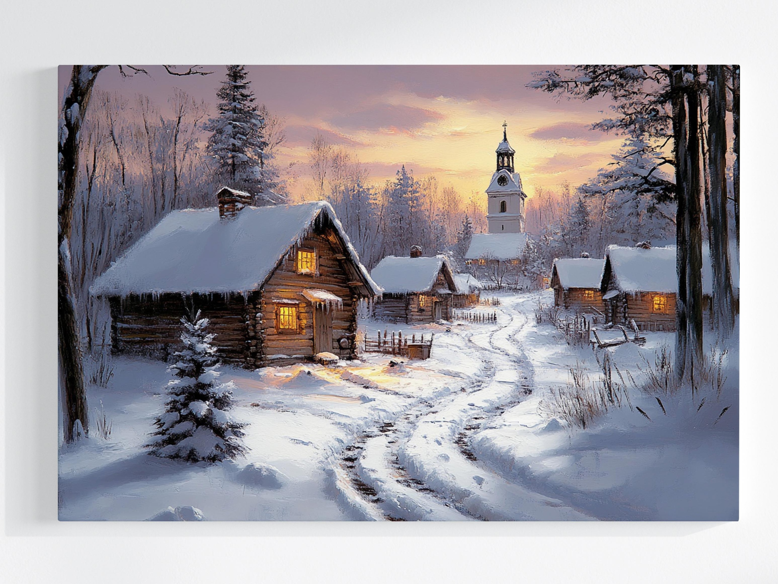 Obraz Na Plátně Canvas Krajina Vesnice Kostel Domy Zima Sníh 120x80