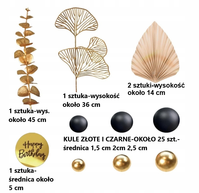 Zápich na dort Tortowe Ozdoby zlatý černý koule vějířové listy