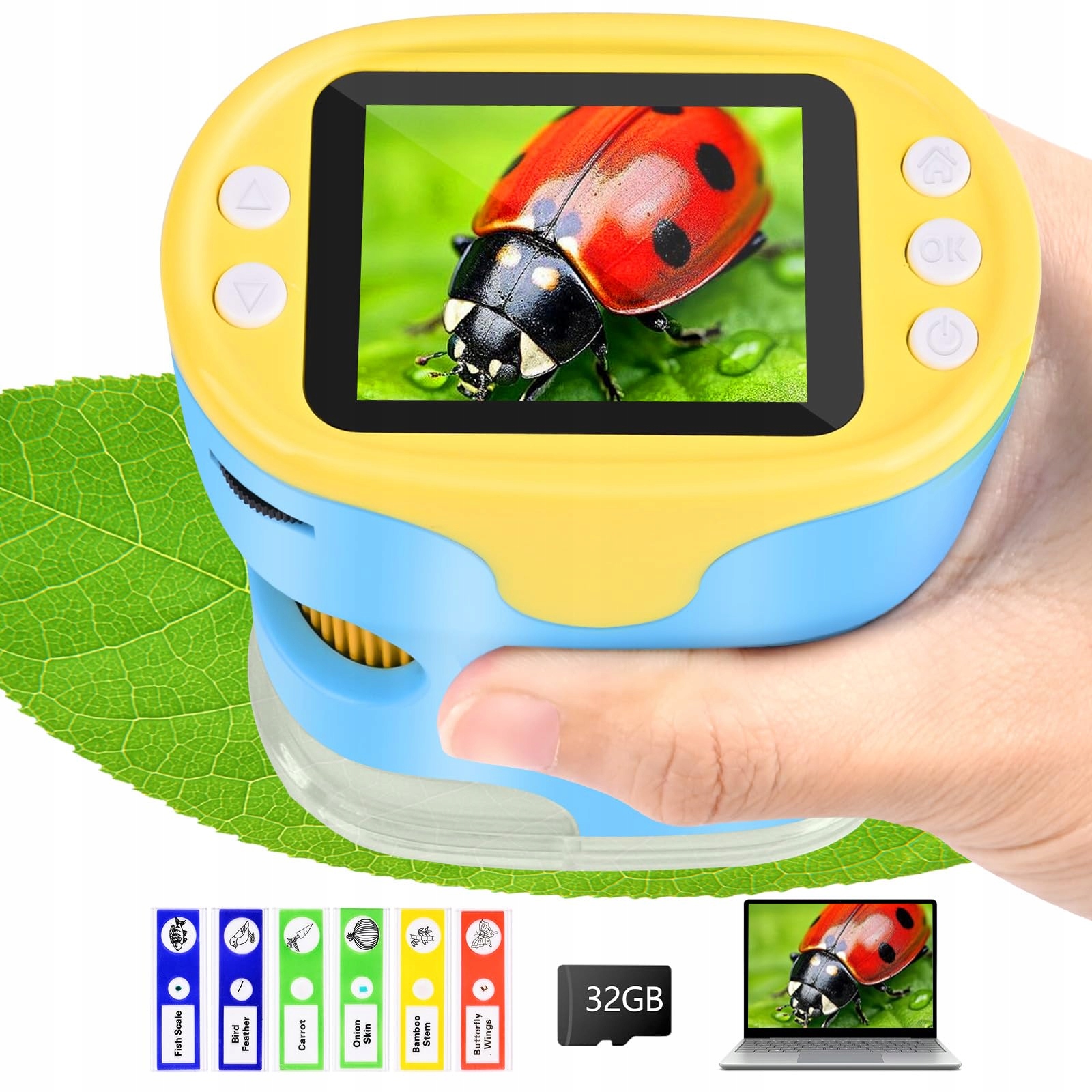 Kapesní Led mikroskop 1000x pro děti, přenosný, žlutý