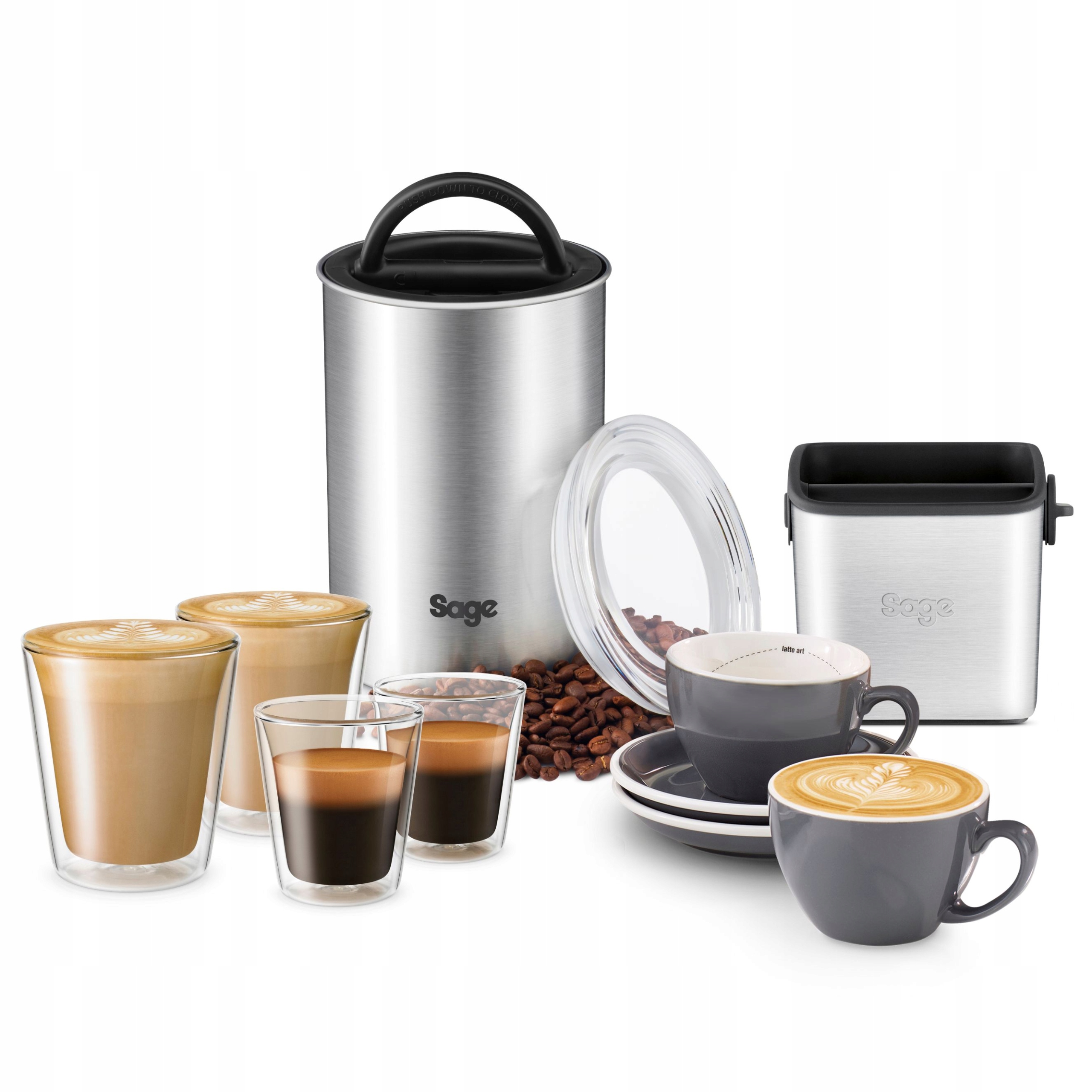 Zestaw Barista Sage Pojemnik na Kawę 450g Odbijak Szklanki Latte Espresso
